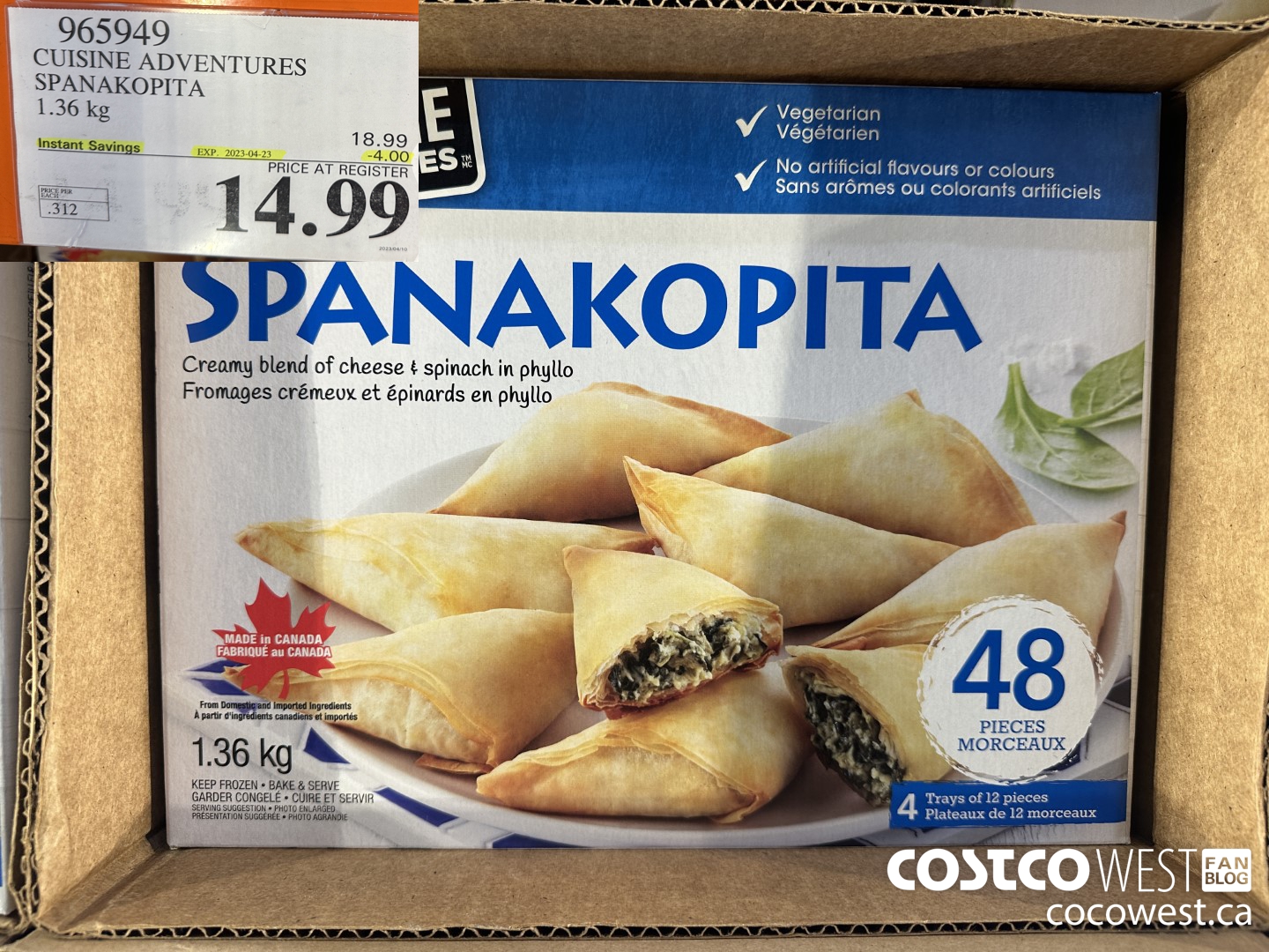 965949 CUISINE ADVENTURES SPANAKOPITA 1.36 kg ($4.00 INSTANT SAVINGS EXPIRES ON 2023-04-23) $14.99