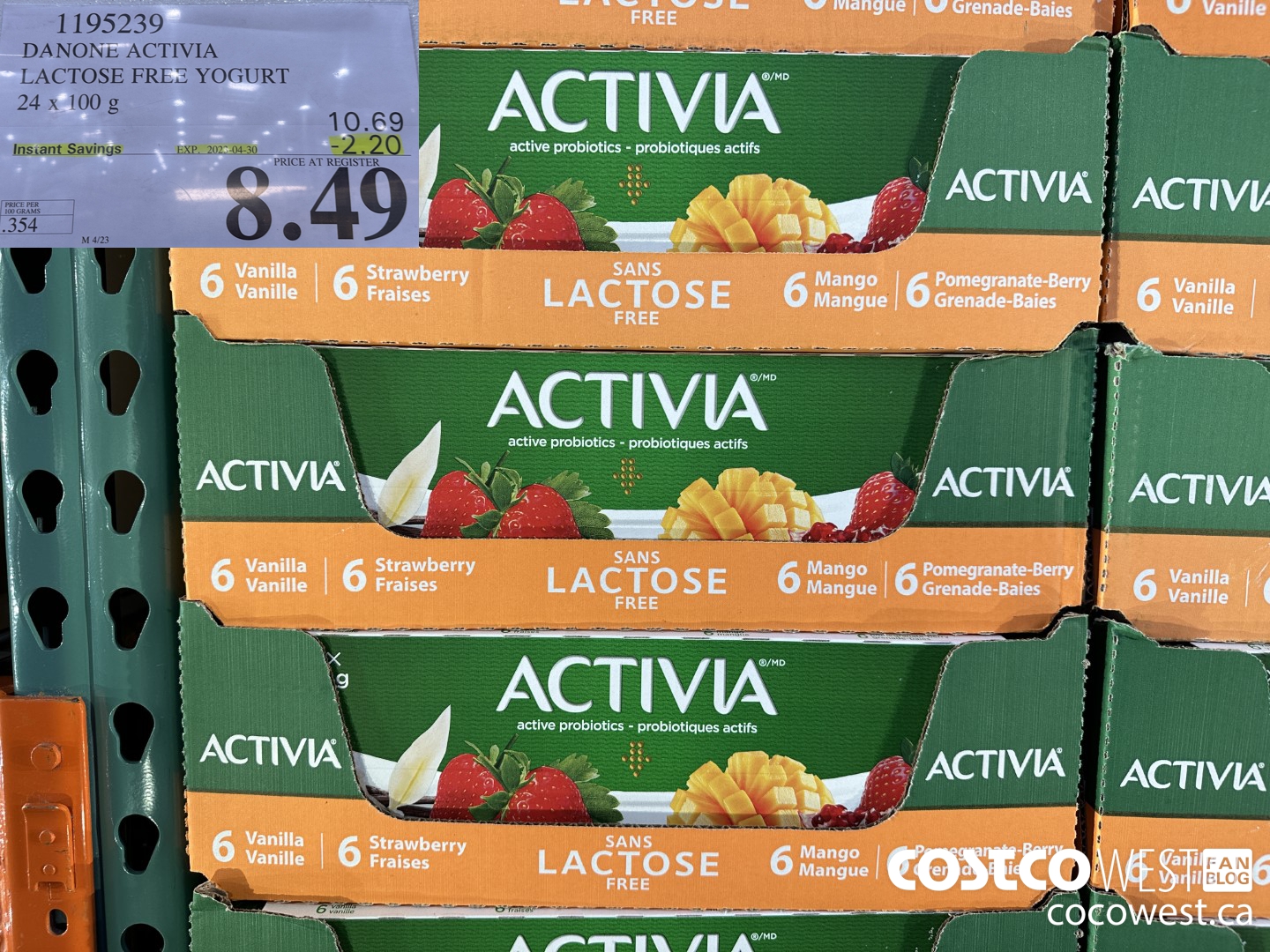 1195239 DANONE ACTIVIA LACTOSE FREE YOGURT 24 x 100 g ($2.20 INSTANT SAVINGS EXPIRES ON 2023-04-30) $8.49