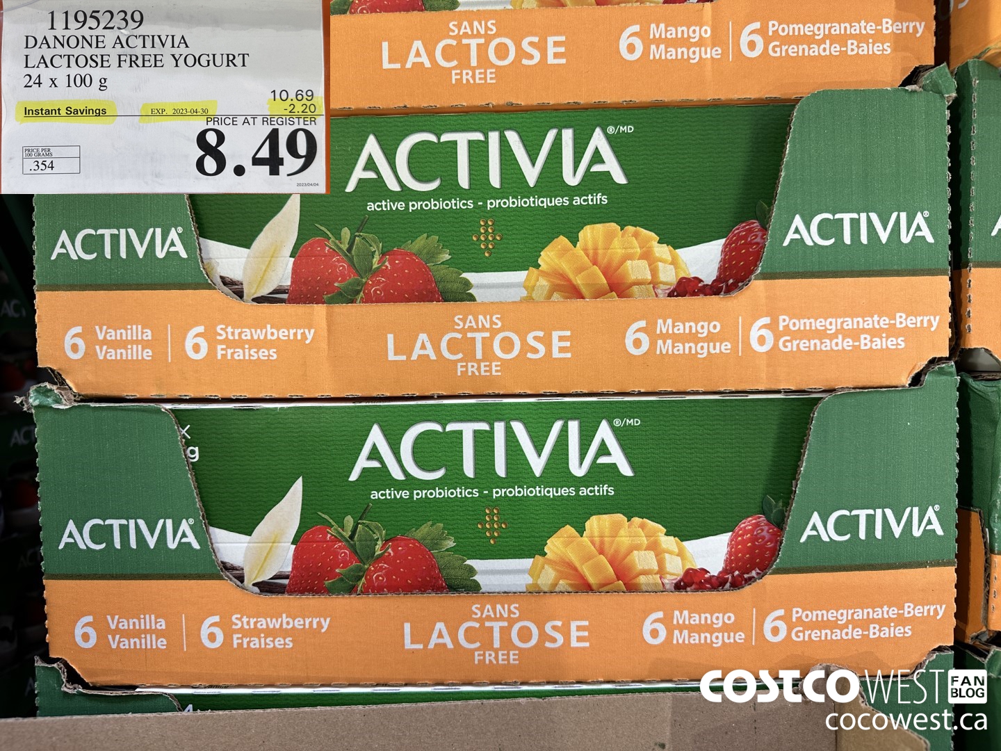 1195239 DANONE ACTIVIA LACTOSE FREE YOGURT 24 x 100 g ($2.20 INSTANT SAVINGS EXPIRES ON 2023-04-30) $8.49