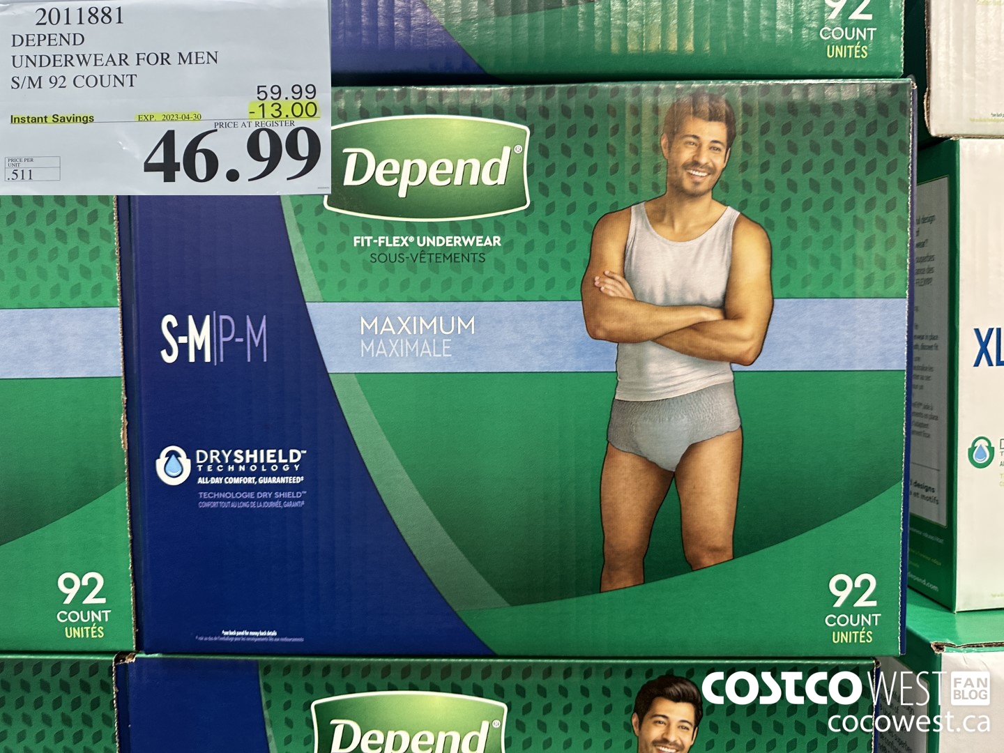 2011881 DEPEND UNDERWEAR FOR MEN S/M 92 COUNT ($13.00 INSTANT SAVINGS EXPIRES ON 2023-04-30) $46.99