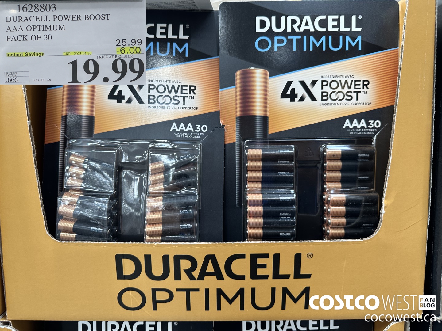 1628803 DURACELL POWER BOOST AAA OPTIMUM PACK OF 30 ($6.00 INSTANT SAVINGS EXPIRES ON 2023-04-30) $19.99