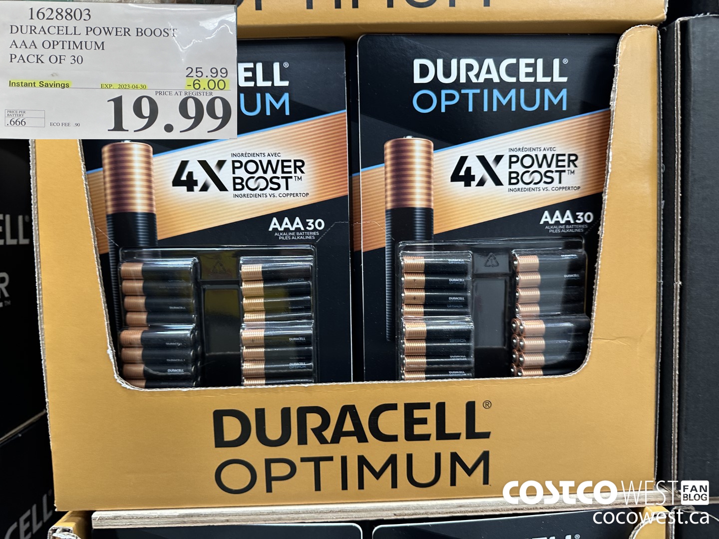 1628803 DURACELL POWER BOOST AAA OPTIMUM PACK OF 30 ($6.00 INSTANT SAVINGS EXPIRES ON 2023-04-30) $19.99