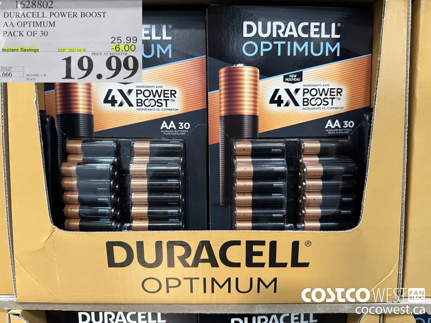 1628802 DURACELL POWER BOOST AA OPTIMUM PACK OF 30 ($6.00 INSTANT SAVINGS EXPIRES ON 2023-04-30) $19.99