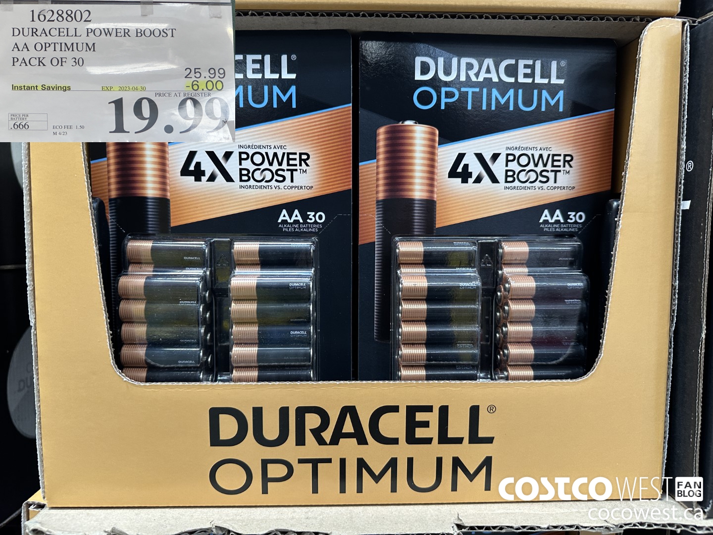 1628802 DURACELL POWER BOOST AA OPTIMUM PACK OF 30 ($6.00 INSTANT SAVINGS EXPIRES ON 2023-04-30) $19.99