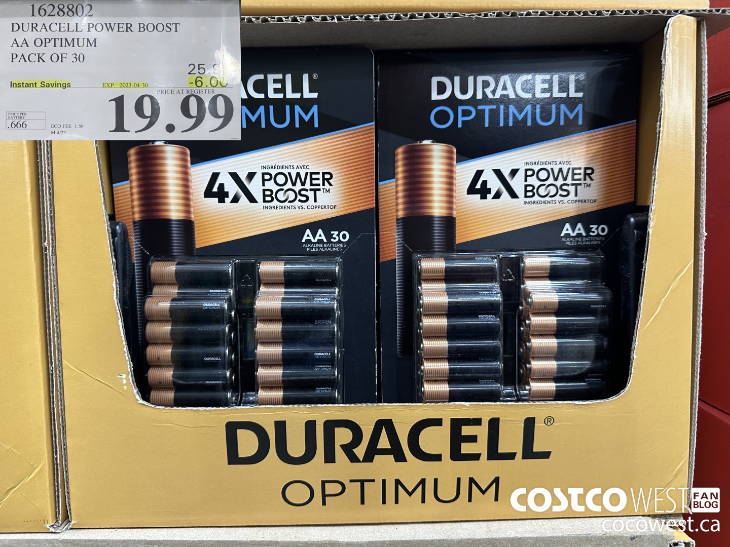 1628802 DURACELL POWER BOOST AA OPTIMUM PACK OF 30 ($6.00 INSTANT SAVINGS EXPIRES ON 2023-04-30) $19.99