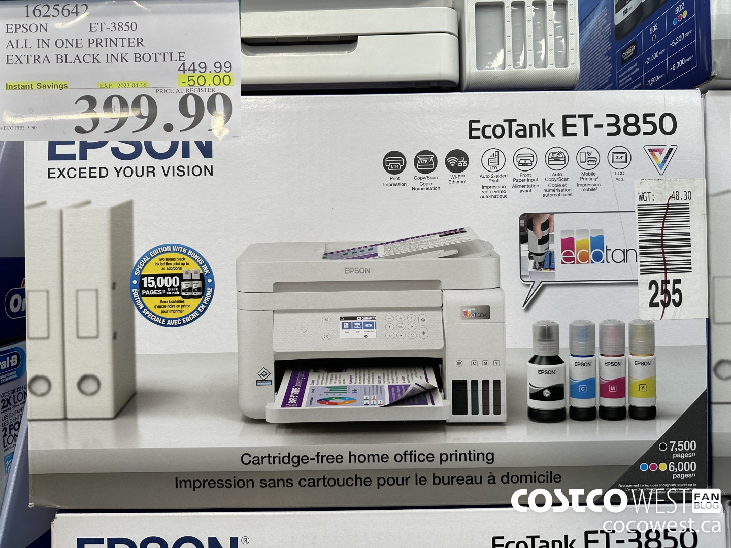 1625642 EPSON ALL IN ONE PRINTER ET-3850 EXTRA BLACK INK BOTTLE ($50.00 INSTANT SAVINGS EXPIRES ON 2023-04-16) $399.99