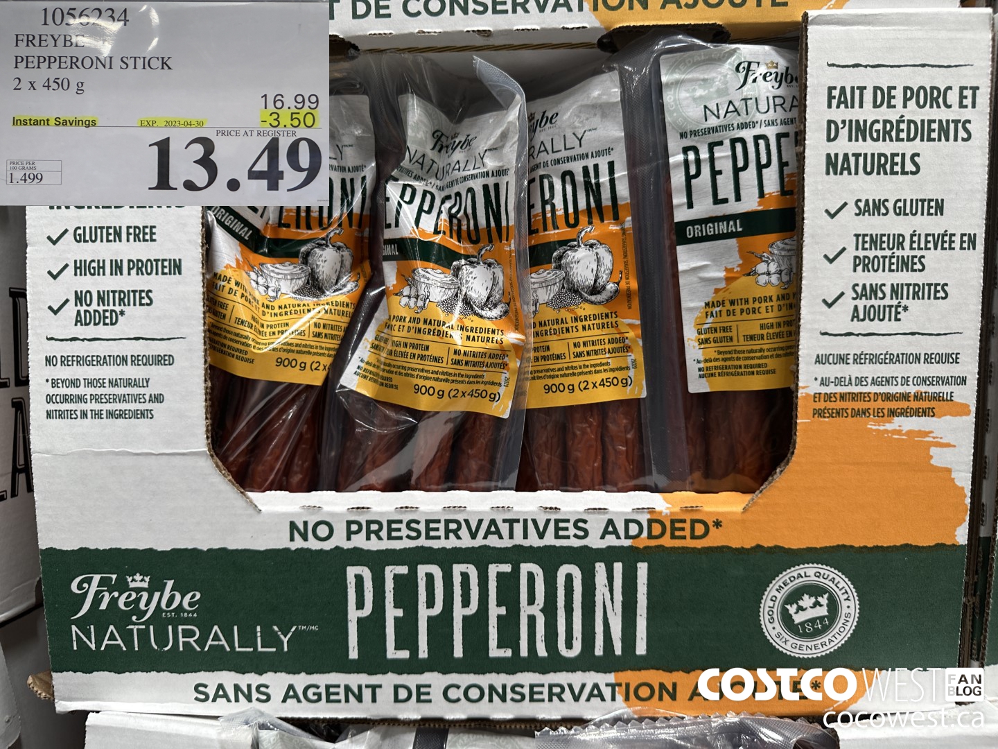 1056234 FREYBE PEPPERONI STICK NO PRESERVATIVE ADDED 2 x 450g ($3.50 INSTANT SAVINGS EXPIRES ON 2023-04-30) $13.49
