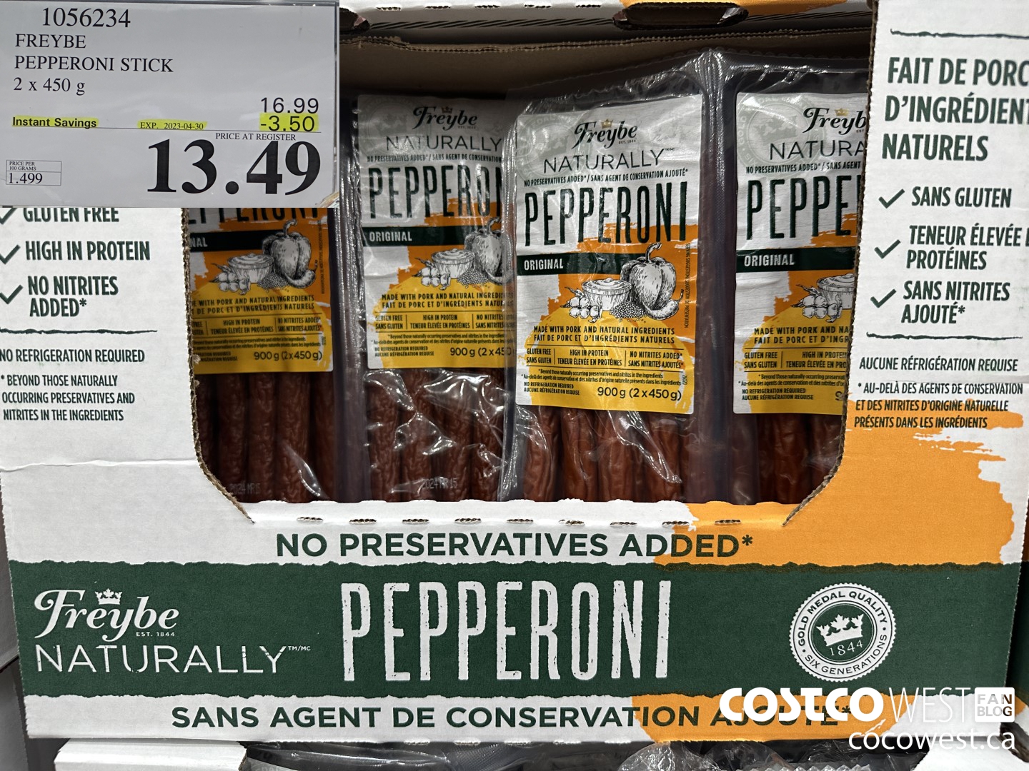 1056234 FREYBE PEPPERONI STICK NO PRESERVATIVE ADDED 2 x 450g ($3.50 INSTANT SAVINGS EXPIRES ON 2023-04-30) $13.49