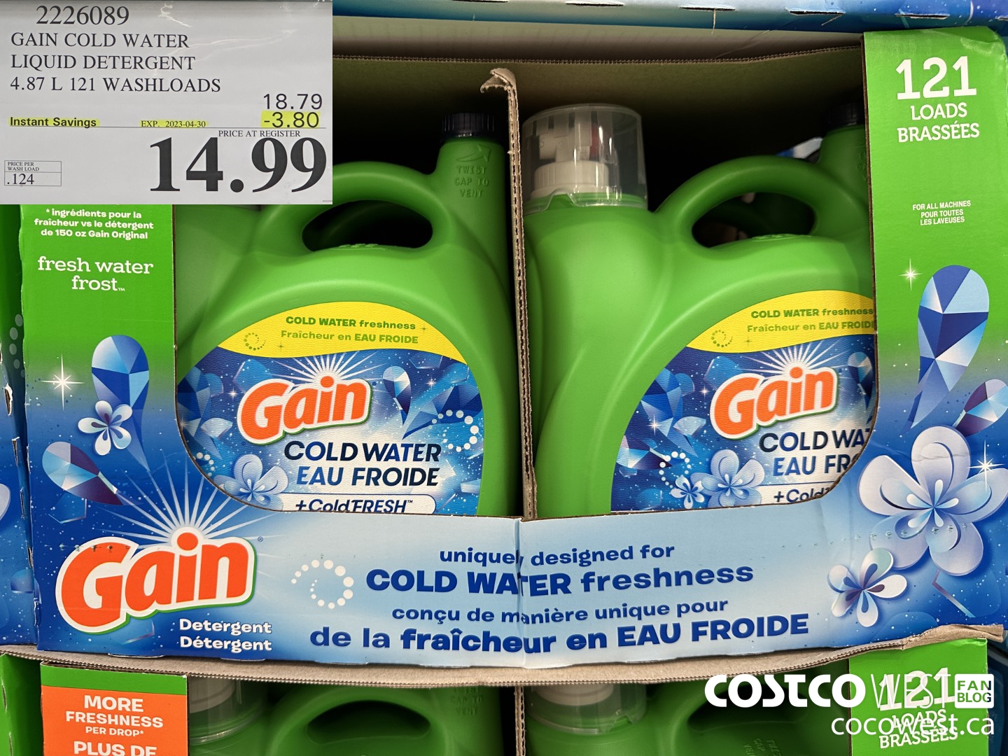 2226089 GAIN COLD WATER LIQUID DETERGENT 4.87L 121 WASHLOADS ($3.80 INSTANT SAVINGS EXPIRES ON 2023-04-30) $14.99