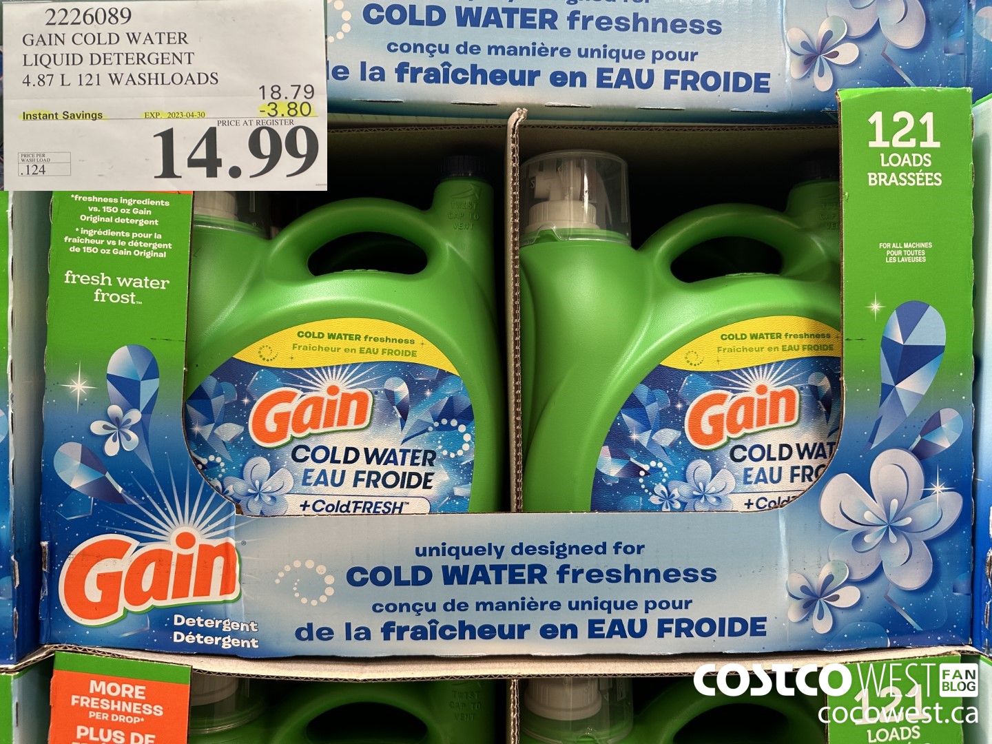 2226089 GAIN COLD WATER LIQUID DETERGENT 4.87L 121 WASHLOADS ($3.80 INSTANT SAVINGS EXPIRES ON 2023-04-30) $14.99