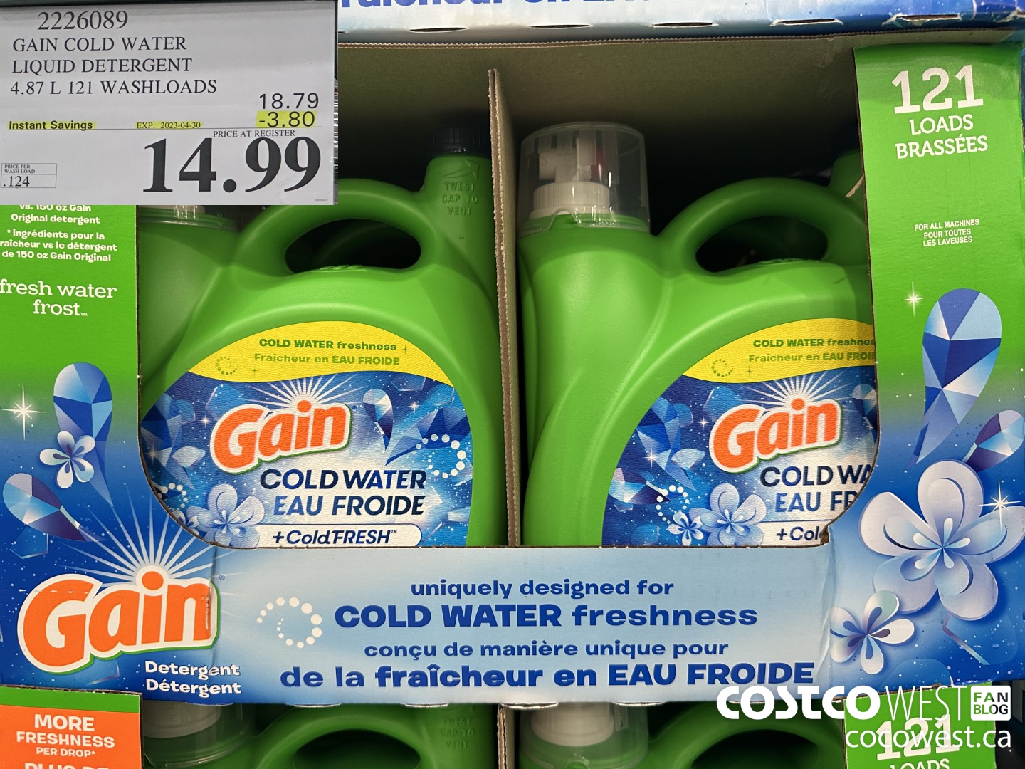 2226089 GAIN COLD WATER LIQUID DETERGENT 4.87L 121 WASHLOADS ($3.80 INSTANT SAVINGS EXPIRES ON 2023-04-30) $14.99