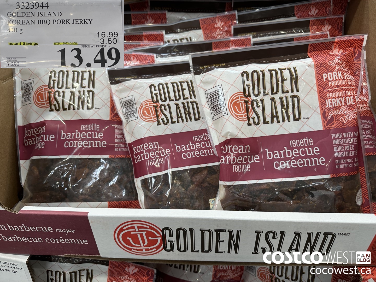 3323944 GOLDEN ISLAND KOREAN BBQ PORK JERKY 410G ($3.50 INSTANT SAVINGS EXPIRES ON 2023-04-30) $13.49