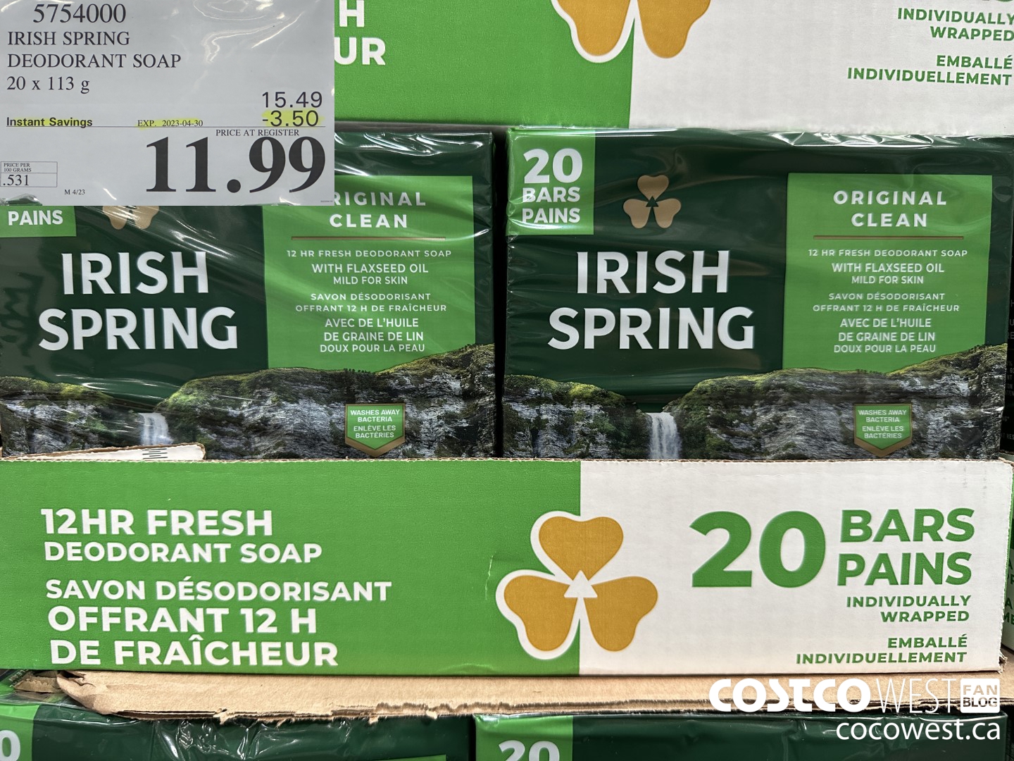 5754000 IRISH SPRING DEODORANT SOAP 20 x 113 g ($3.50 INSTANT SAVINGS EXPIRES ON 2023-04-30) $11.99