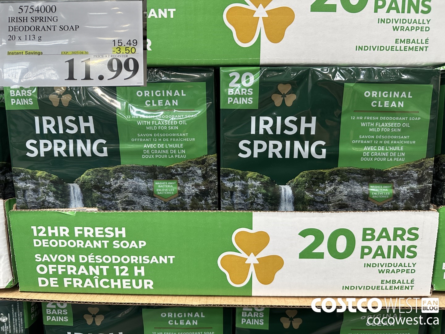 5754000 IRISH SPRING DEODORANT SOAP 20 x 113 g ($3.50 INSTANT SAVINGS EXPIRES ON 2023-04-30) $11.99