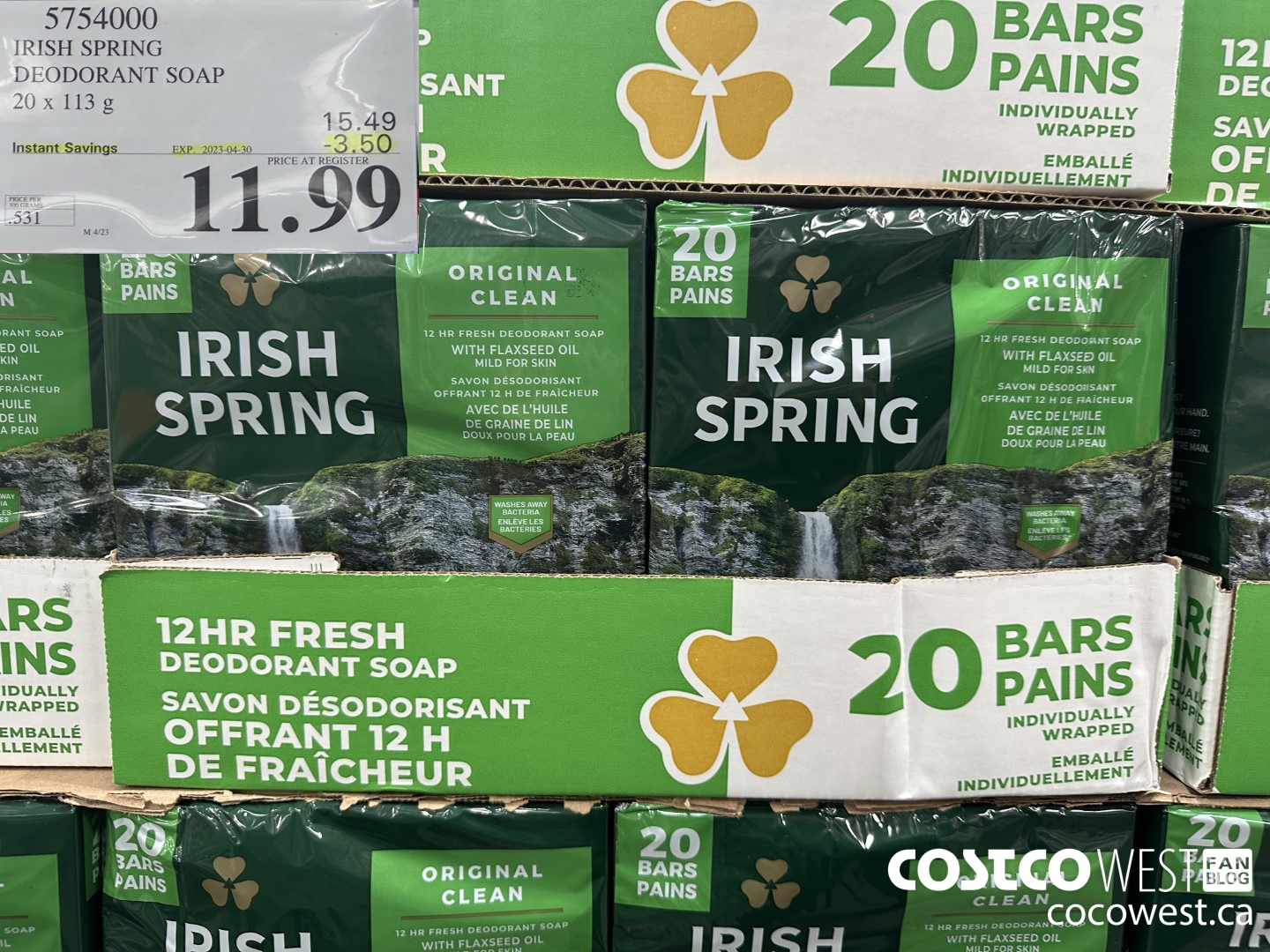 5754000 IRISH SPRING DEODORANT SOAP 20 x 113 g ($3.50 INSTANT SAVINGS EXPIRES ON 2023-04-30) $11.99