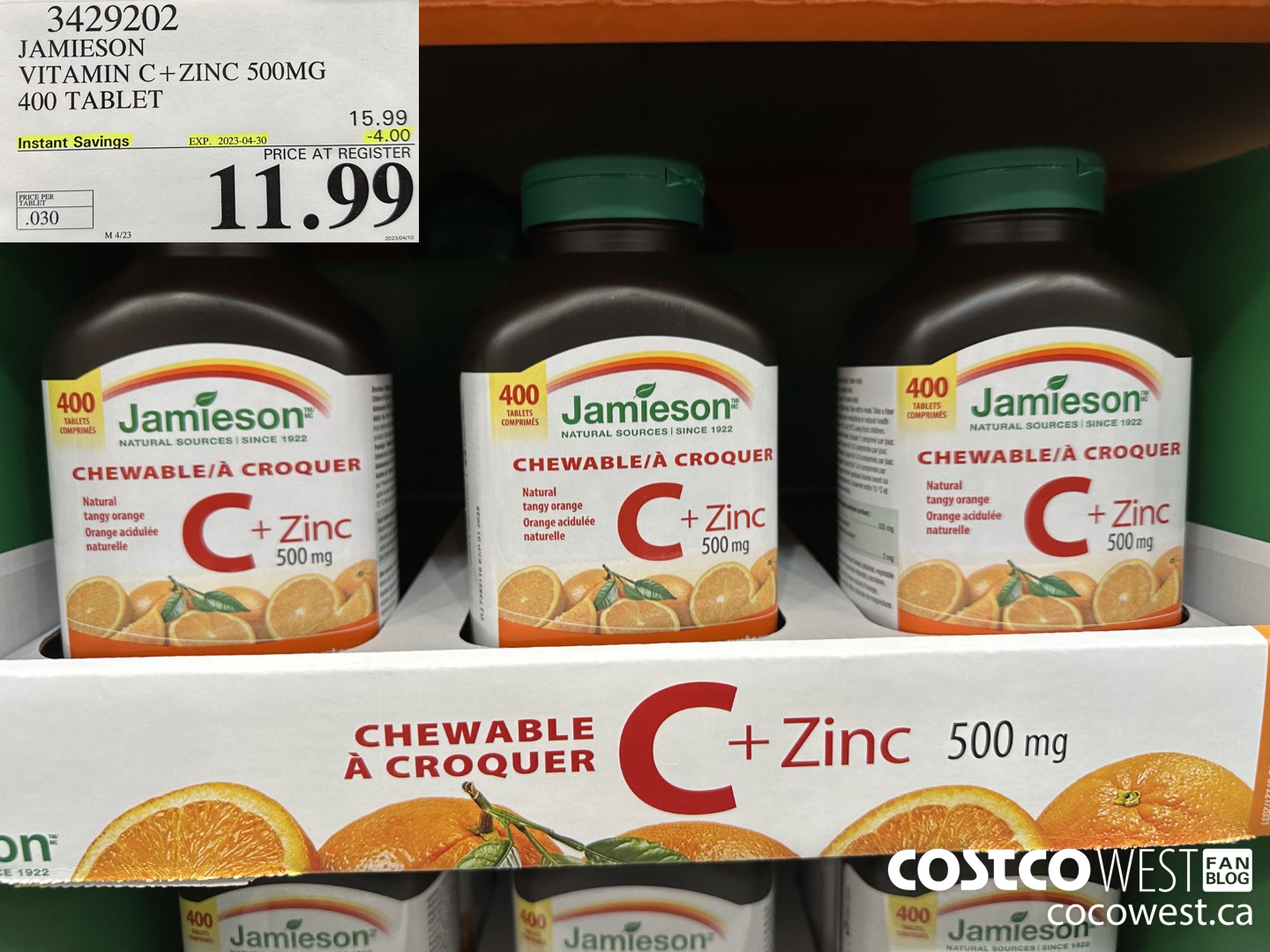 3429202 JAMIESON VITAMIN C+ZINC 500MG 400 TABLET ($4.00 INSTANT SAVINGS EXPIRES ON 2023-04-30) $11.99