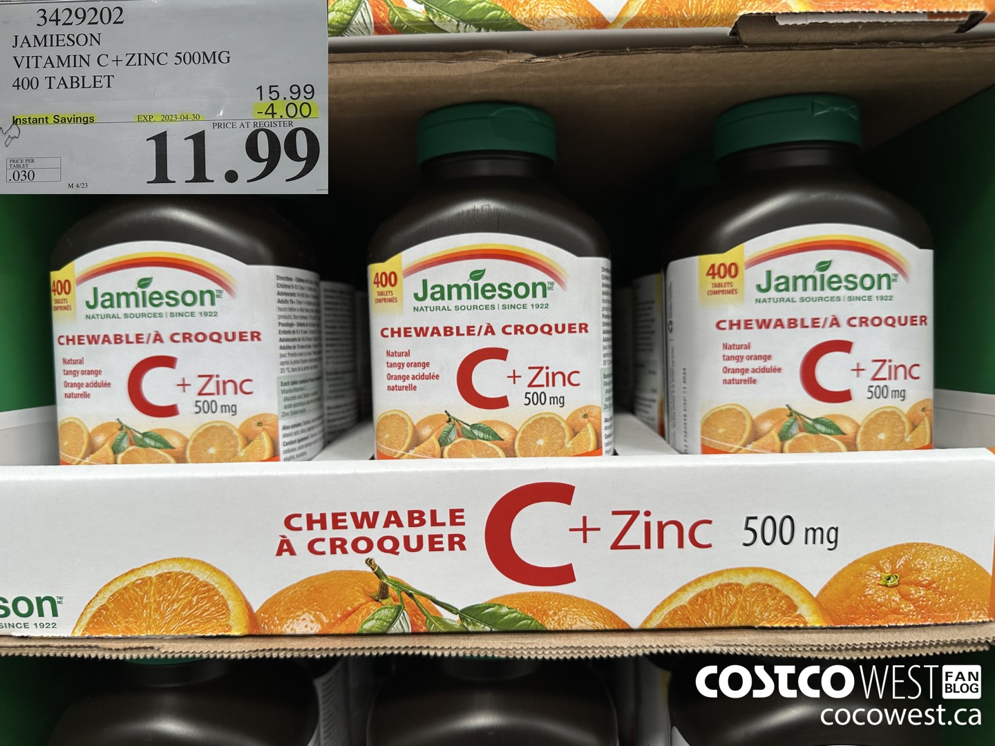 3429202 JAMIESON VITAMIN C+ZINC 500MG 400 TABLET ($4.00 INSTANT SAVINGS EXPIRES ON 2023-04-30) $11.99
