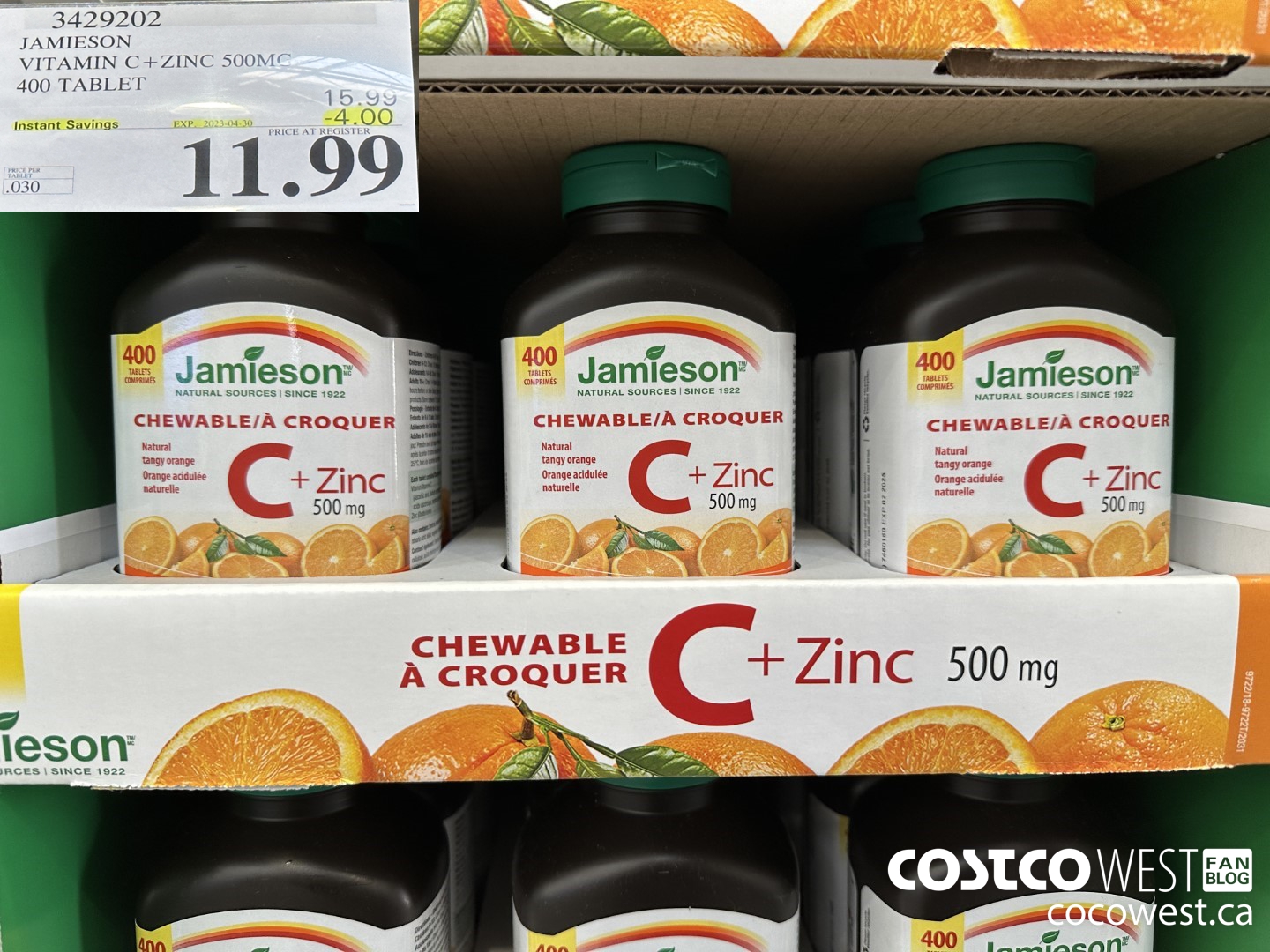 3429202 JAMIESON VITAMIN C+ZINC 500MG 400 TABLET ($4.00 INSTANT SAVINGS EXPIRES ON 2023-04-30) $11.99
