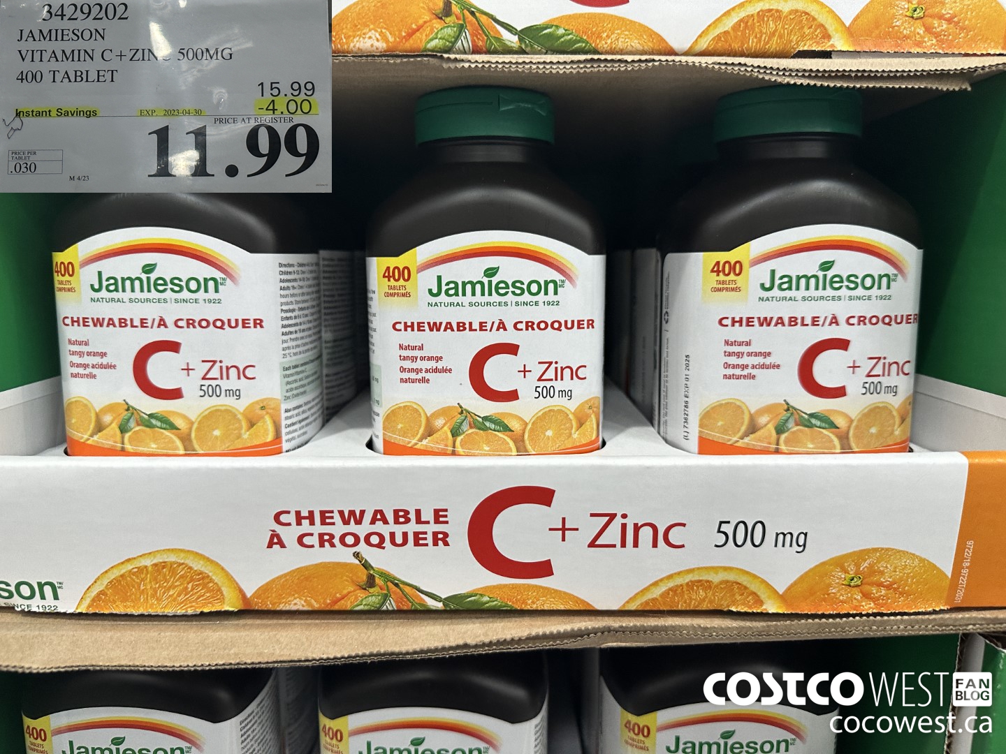 3429202 JAMIESON VITAMIN C+ZINC 500MG 400 TABLET ($4.00 INSTANT SAVINGS EXPIRES ON 2023-04-30) $11.99