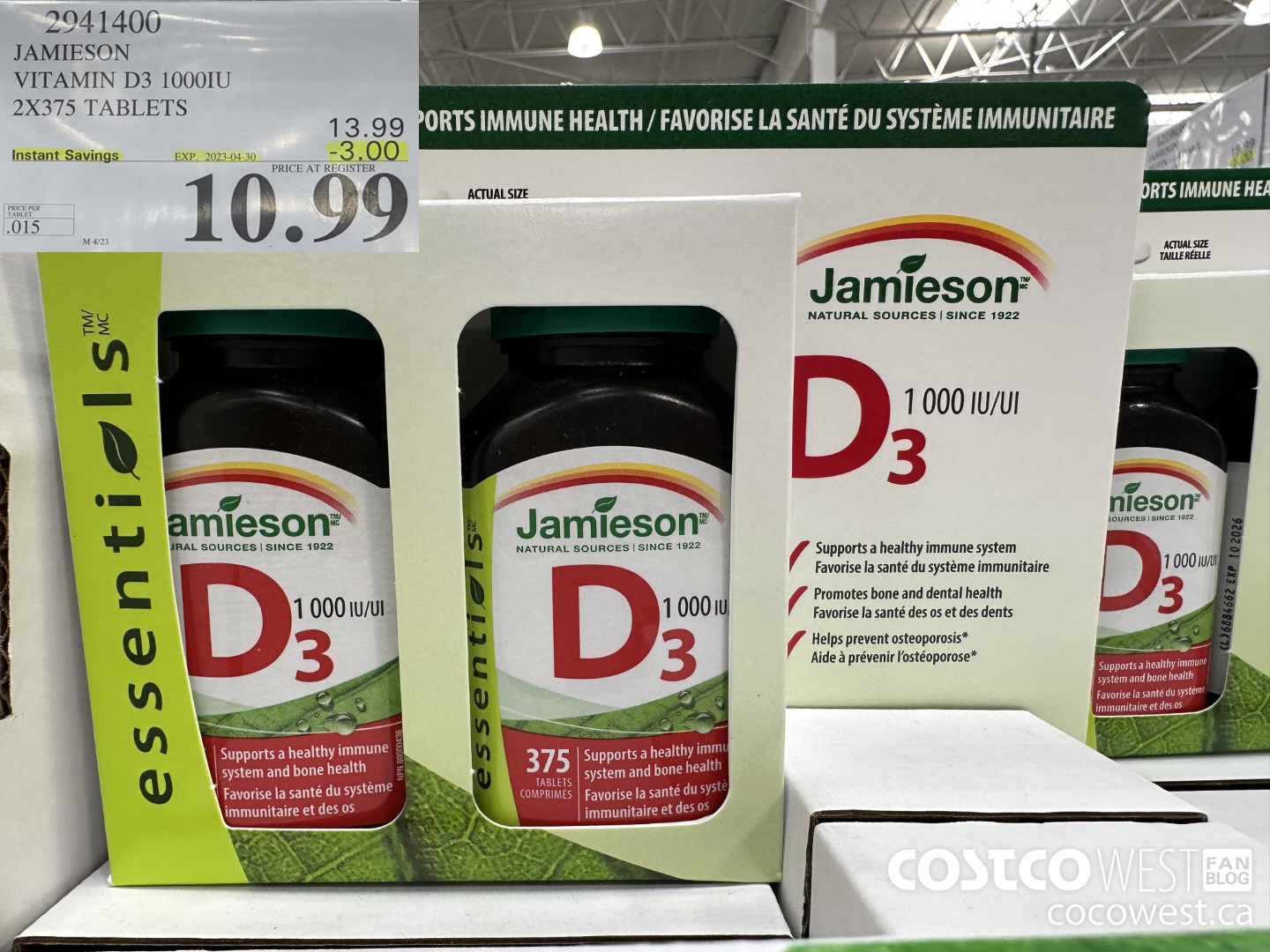 2941400 JAMIESON VITAMIN D3 1000IU 2X375 TABLETS ($3.00 INSTANT SAVINGS EXPIRES ON 2023-04-30) $10.99