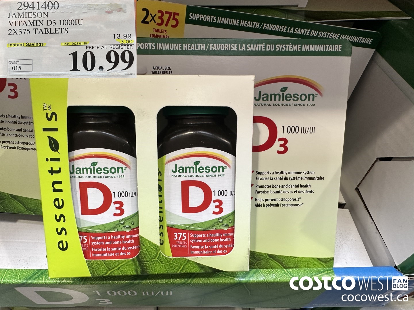 2941400 JAMIESON VITAMIN D3 1000IU 2X375 TABLETS ($3.00 INSTANT SAVINGS EXPIRES ON 2023-04-30) $10.99