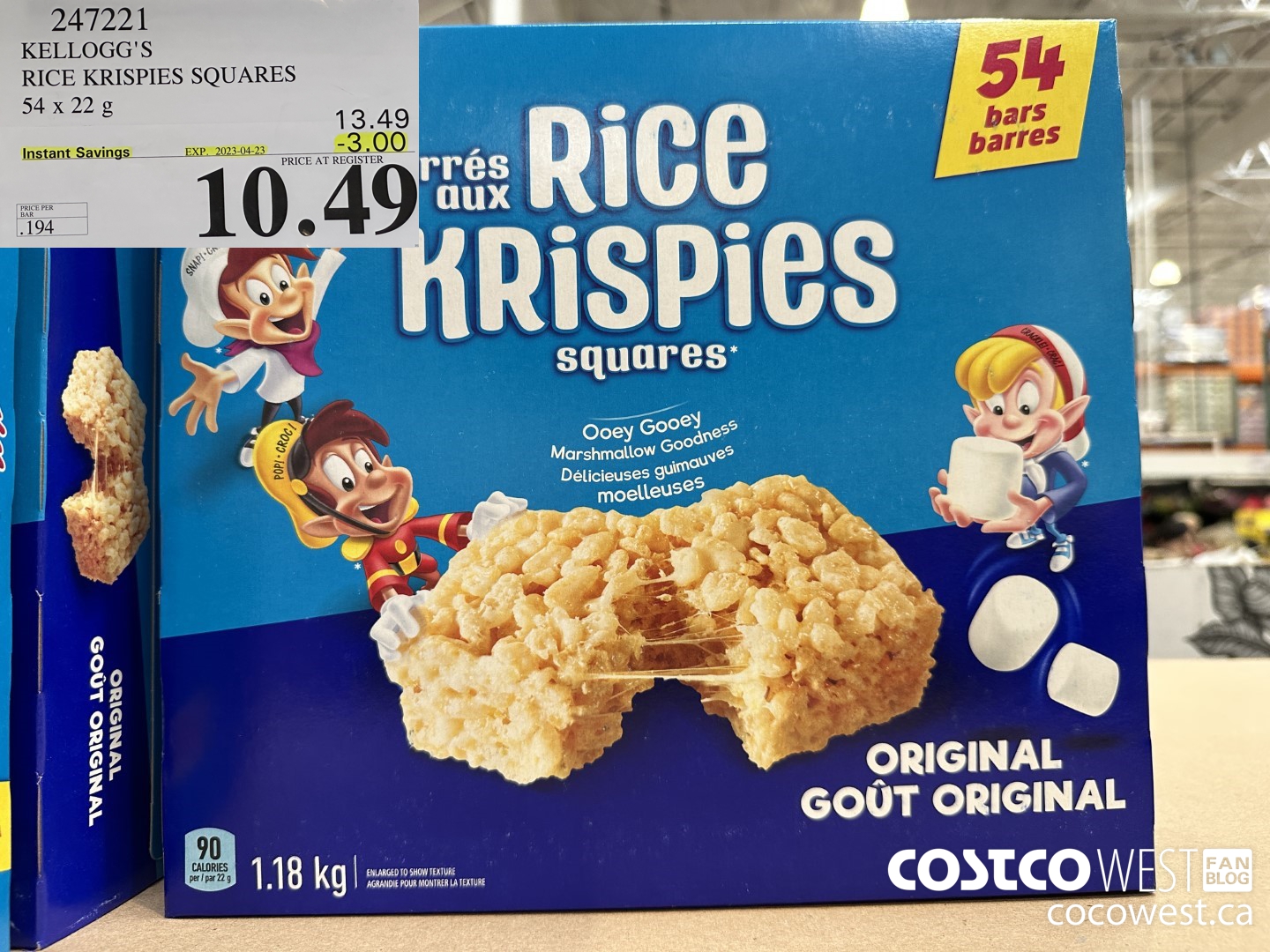 247221 KELLOGG'S RICE KRISPIES SQUARES PACK OF 54 ($3.00 INSTANT SAVINGS EXPIRES ON 2023-04-23) $10.49