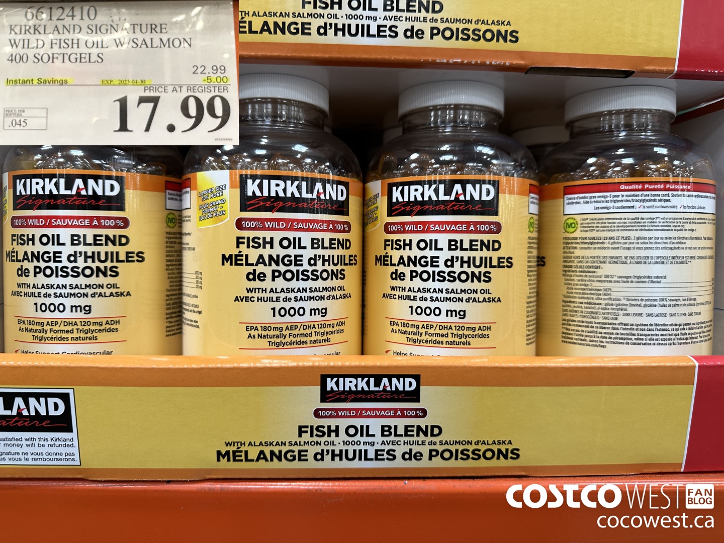 6612410 KIRKLAND SIGNATURE WILD FISH OIL W/SALMON 400 SOFTGELS ($5.00 INSTANT SAVINGS EXPIRES ON 2023-04-30) $17.99