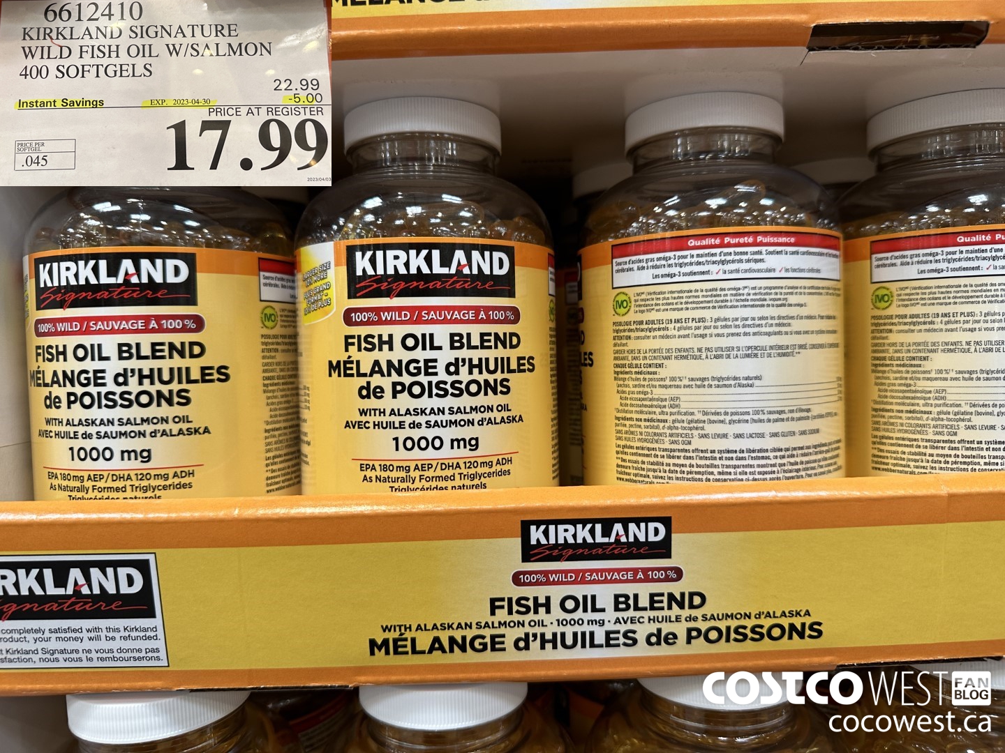 6612410 KIRKLAND SIGNATURE WILD FISH OIL W/SALMON 400 SOFTGELS ($5.00 INSTANT SAVINGS EXPIRES ON 2023-04-30) $17.99