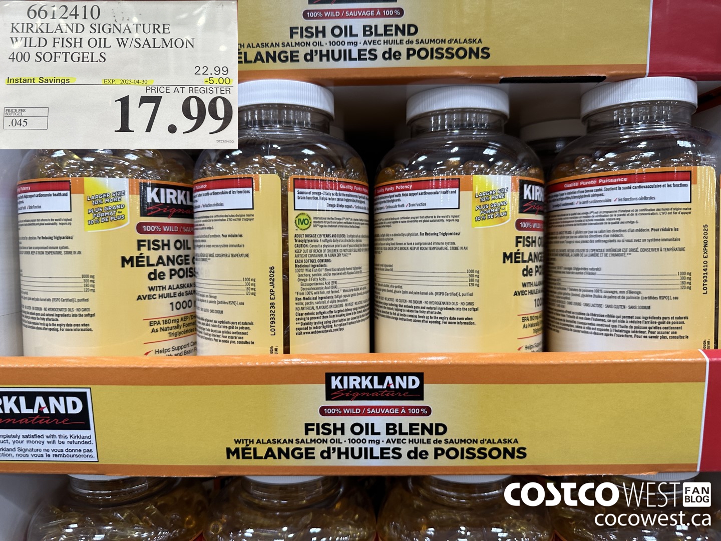 6612410 KIRKLAND SIGNATURE WILD FISH OIL W/SALMON 400 SOFTGELS ($5.00 INSTANT SAVINGS EXPIRES ON 2023-04-30) $17.99