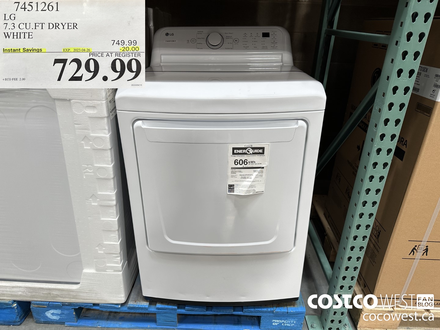 7451261 LG 7.3 CU. FT DRYER WHITE ($20.00 INSTANT SAVINGS EXPIRES ON 2023-04-26) $729.99