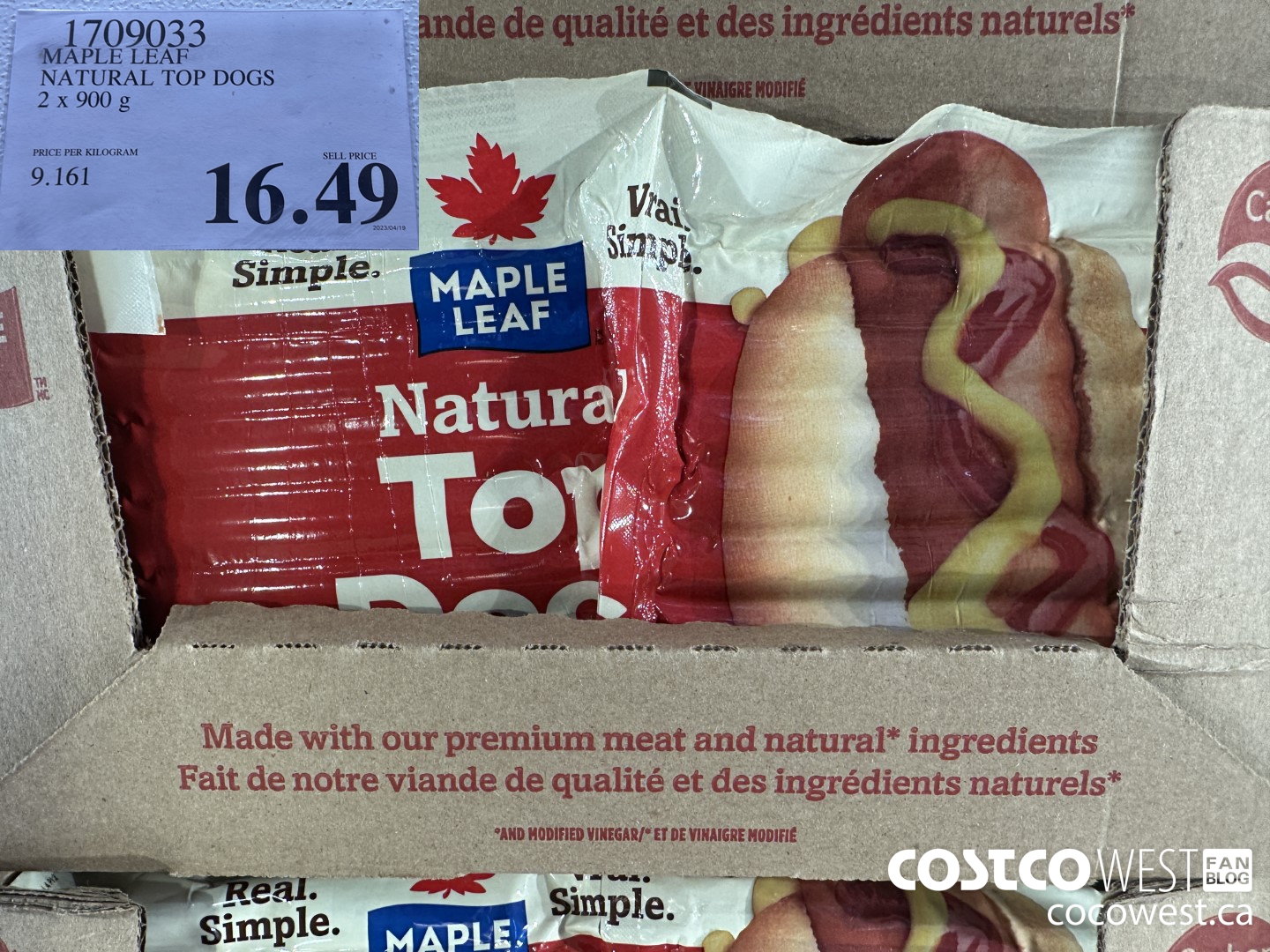 1709033 MAPLE LEAF NATURAL TOP DOGS 2 X 900 G $16.49
