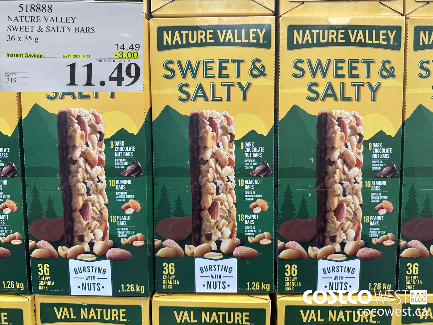 518888 NATURE VALLEY SWEET & SALTY BARS 36 X 35 G ($3.00 INSTANT SAVINGS EXPIRES ON 2023-04-23) $11.49