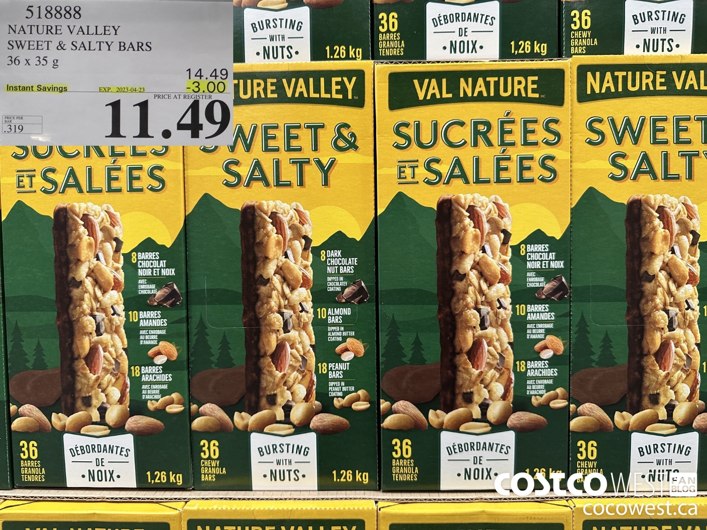 518888 NATURE VALLEY SWEET & SALTY BARS 36 X 35 G ($3.00 INSTANT SAVINGS EXPIRES ON 2023-04-23) $11.49