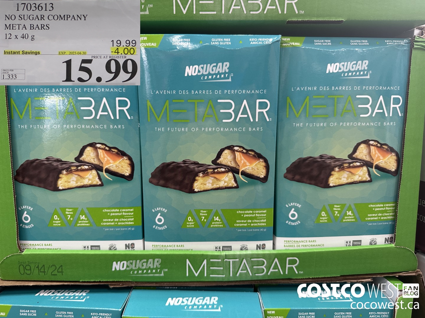 1703613 NO SUGAR COMPANY META BARS 12 x 40g ($4.00 INSTANT SAVINGS EXPIRES ON 2023-04-30) $15.99