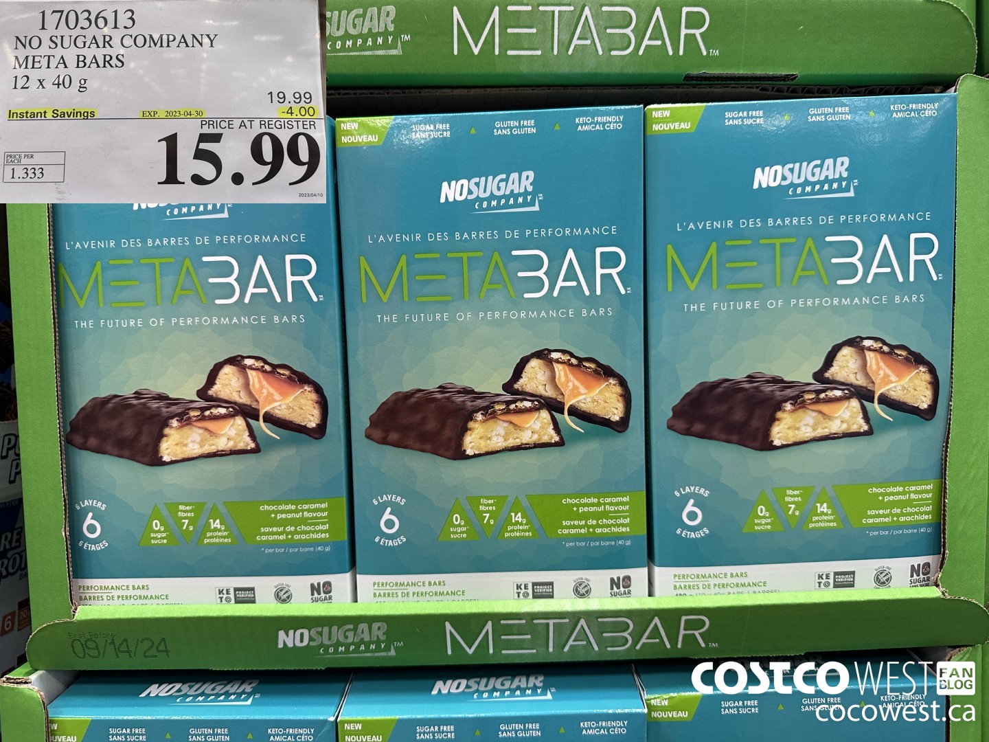 1703613 NO SUGAR COMPANY META BARS 12 x 40g ($4.00 INSTANT SAVINGS EXPIRES ON 2023-04-30) $15.99