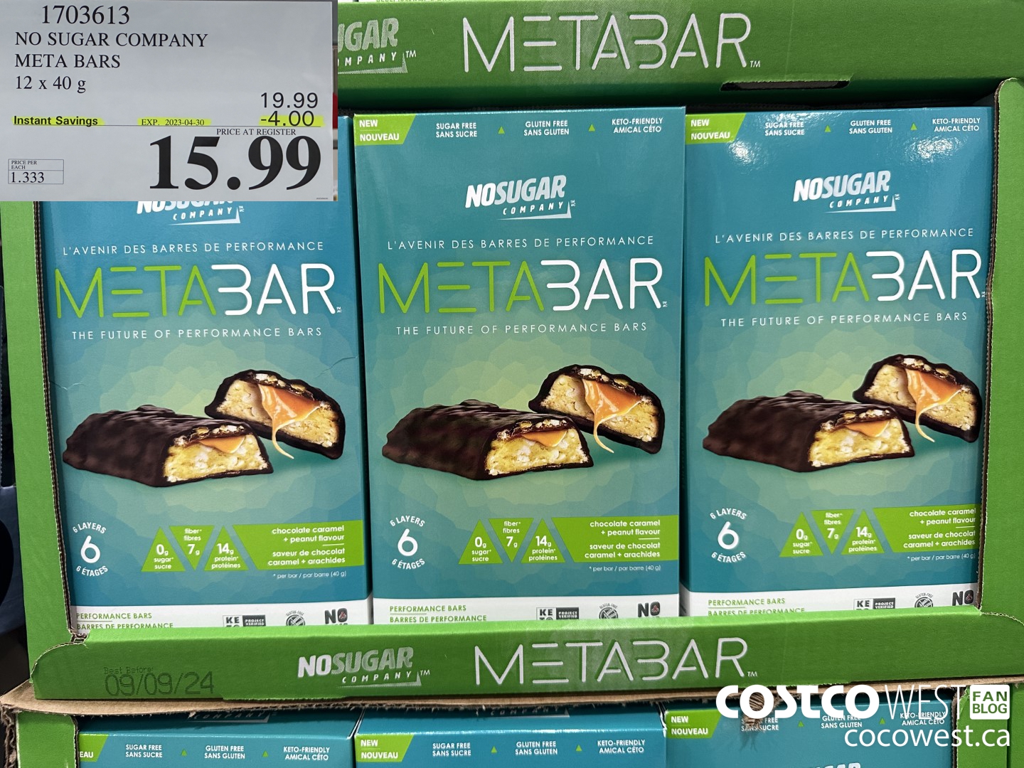 1703613 NO SUGAR COMPANY META BARS 12 x 40g ($4.00 INSTANT SAVINGS EXPIRES ON 2023-04-30) $15.99