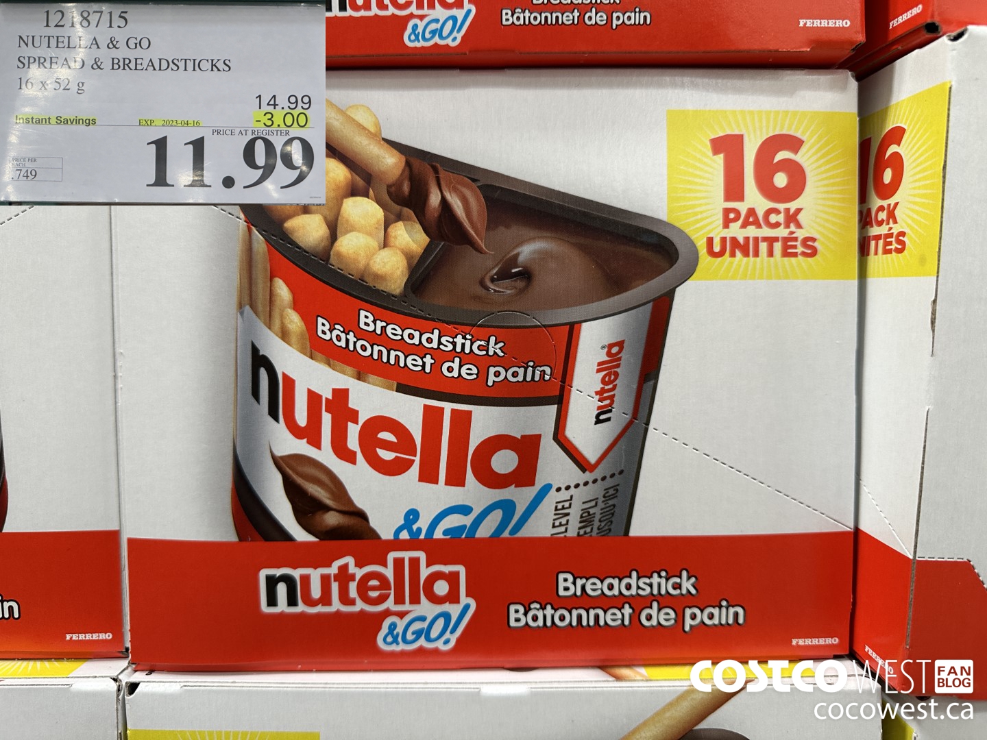 1218715 NUTELLA AND GO SPREAD & BREADSTICKS 16 X 52 G ($3.00 INSTANT SAVINGS EXPIRES ON 2023-04-16) $11.99