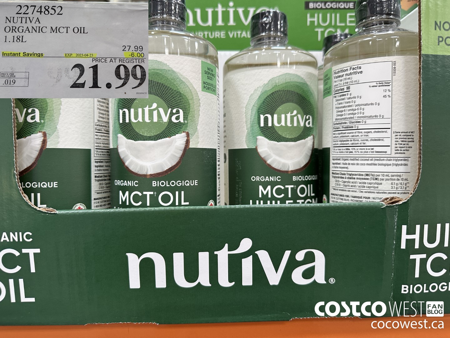 2274852 NUTIVA ORGANIC MCT OIL 1.18L ($6.00 INSTANT SAVINGS EXPIRES ON 2023-04-23) $21.99