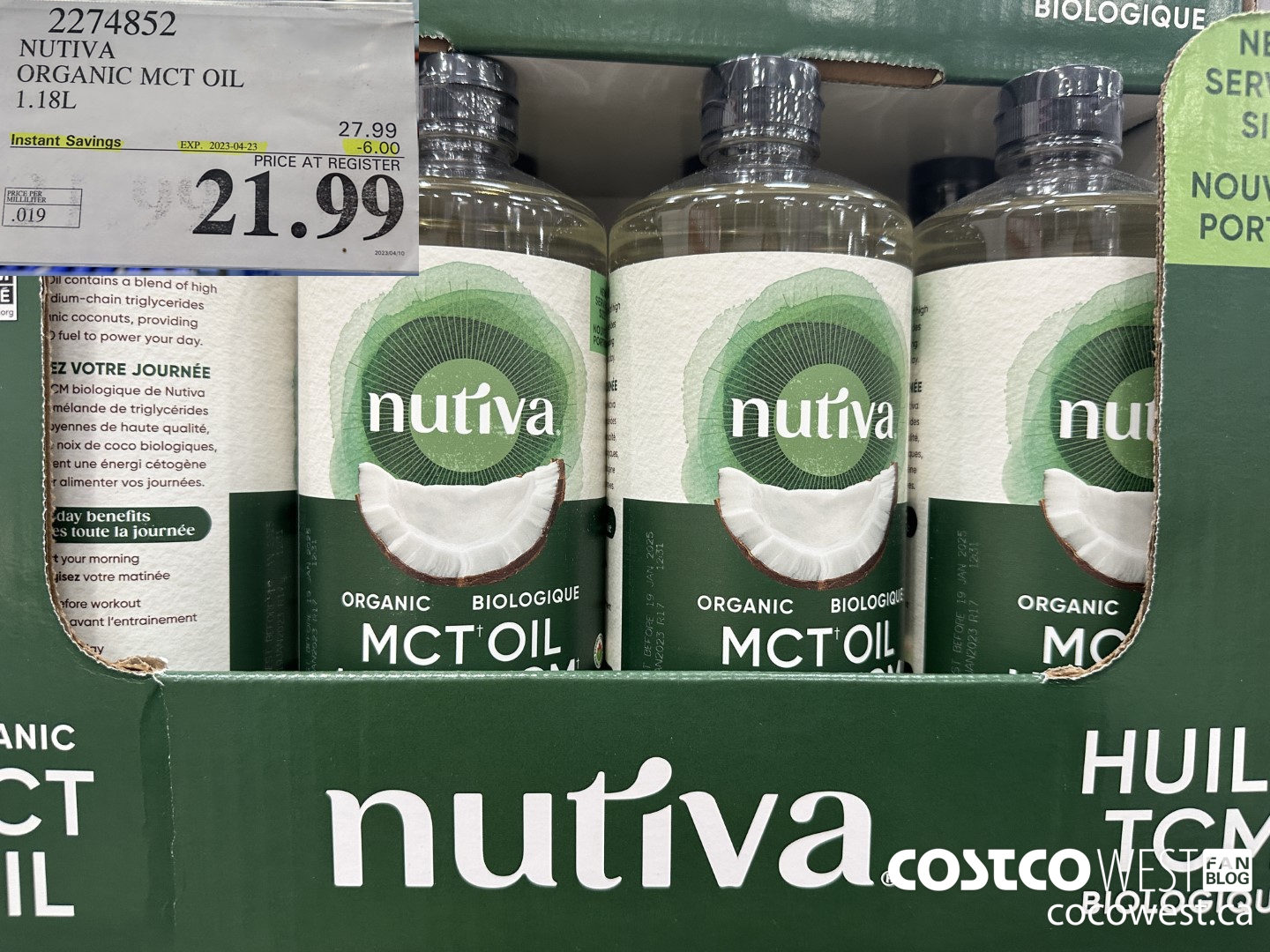 2274852 NUTIVA ORGANIC MCT OIL 1.18L ($6.00 INSTANT SAVINGS EXPIRES ON 2023-04-23) $21.99