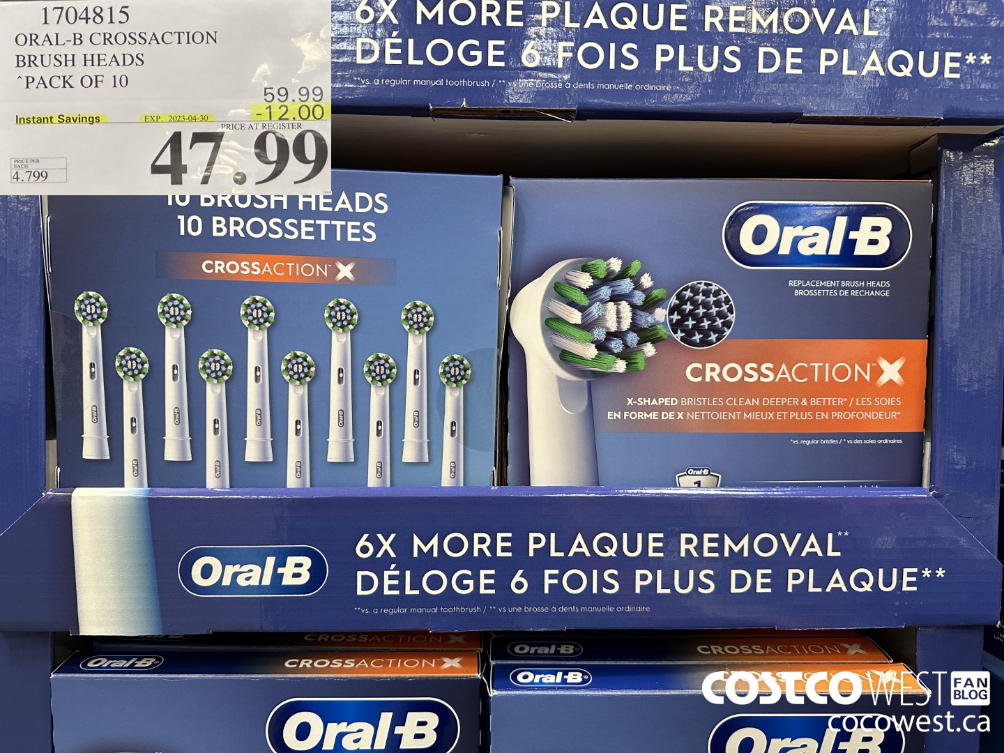 1704815 ORAL-B CROSSACTION BRUSH HEADS PACK OF 10 ($12.00 INSTANT SAVINGS EXPIRES ON 2023-04-30) $47.99
