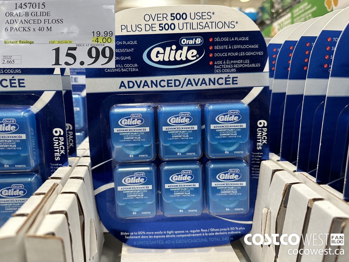 1457015 ORAL-B GLIDE ADVANCED FLOSS 6 PACKS x 40 M ($4.00 INSTANT SAVINGS EXPIRES ON 2023-04-30) $15.99
