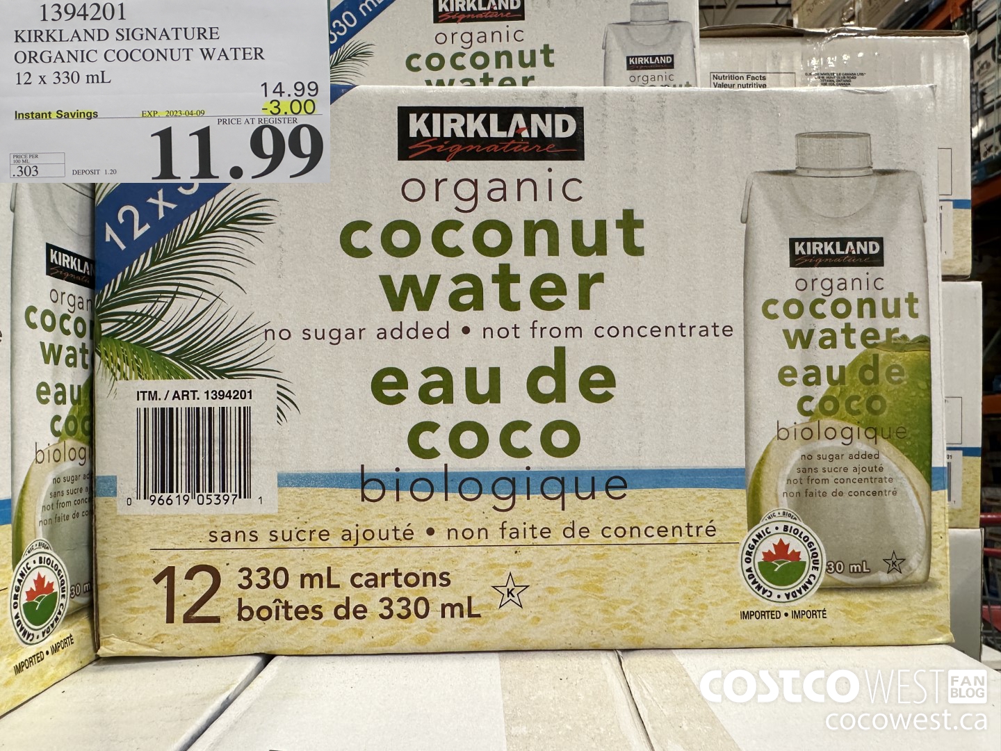 1394201 ORGANIC NO SUGAR ADDED KS COCONUT WATER 12 x 330 mL ($3.00 INSTANT SAVINGS EXPIRES ON 2023-04-09) $11.99