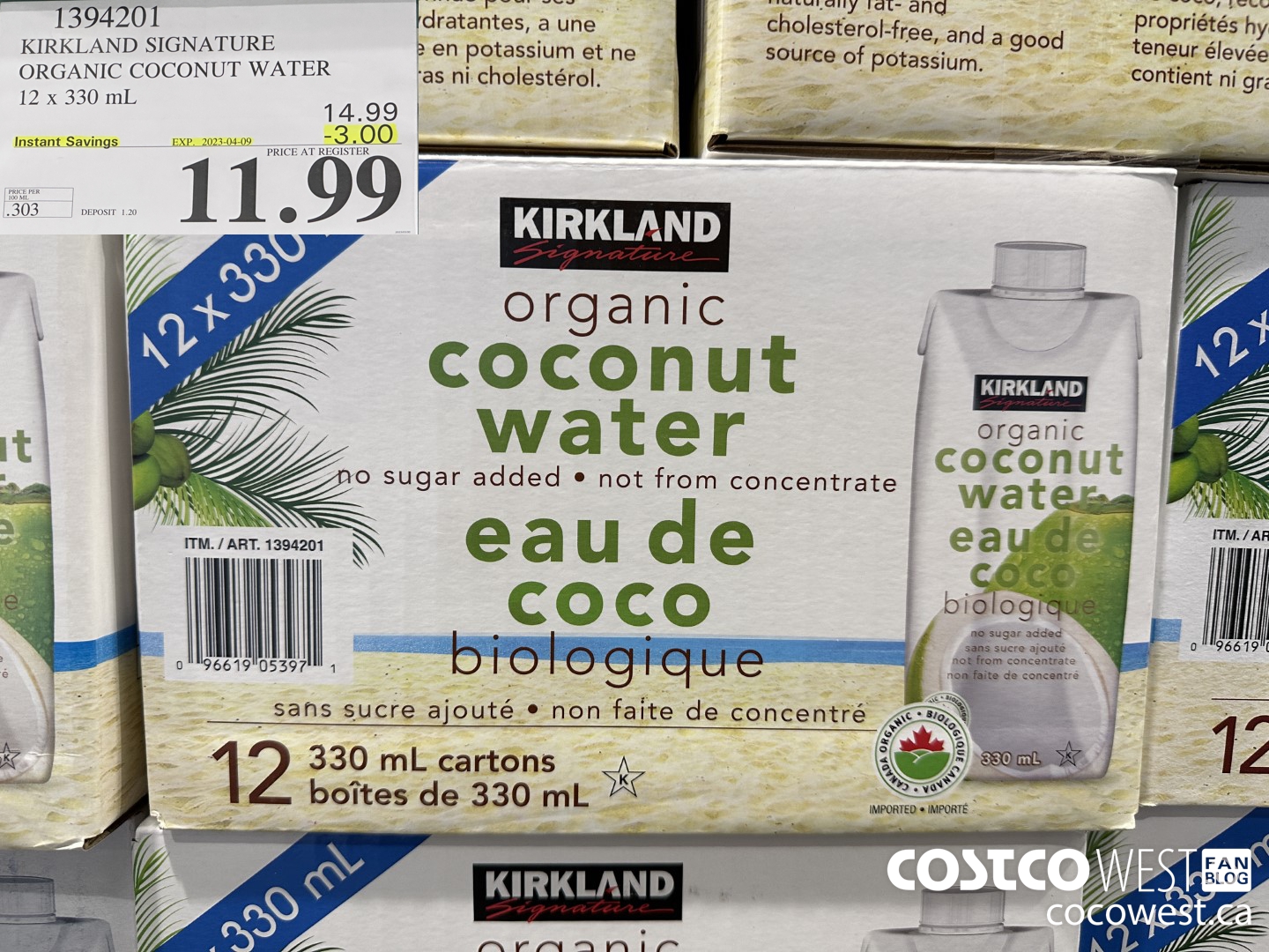 1394201 ORGANIC NO SUGAR ADDED KS COCONUT WATER 12 x 330 mL ($3.00 INSTANT SAVINGS EXPIRES ON 2023-04-09) $11.99