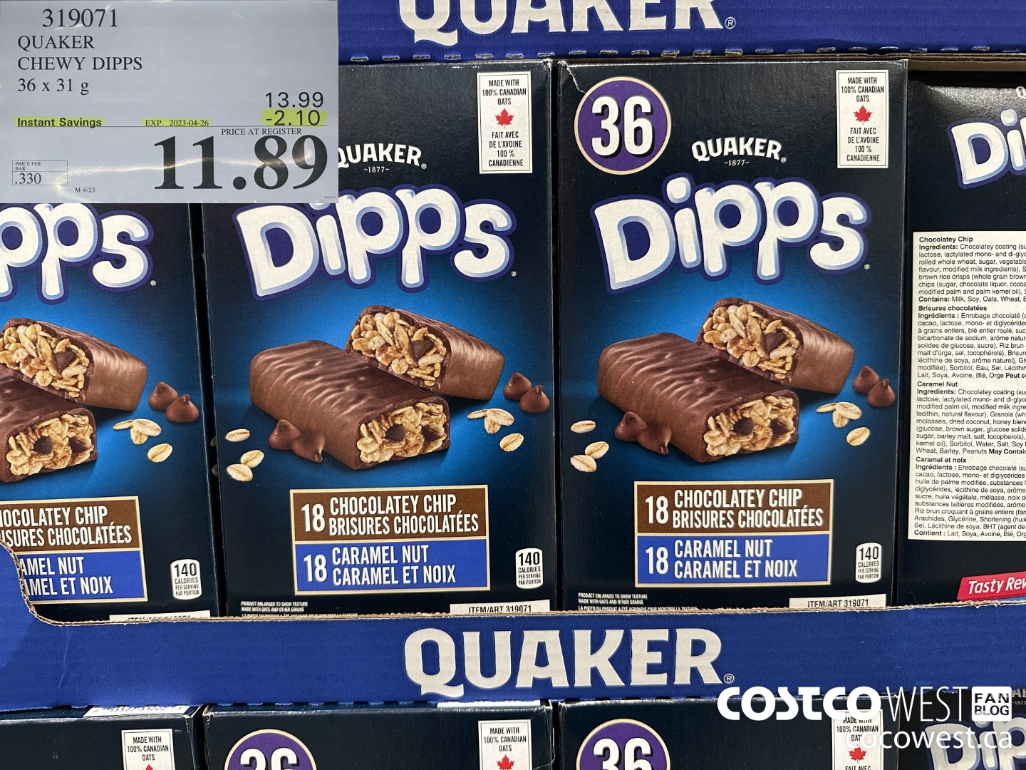 319071 QUAKER CHEWY DIPPS 36 X 31G ($2.10 INSTANT SAVINGS EXPIRES ON 2023-04-26) $11.89