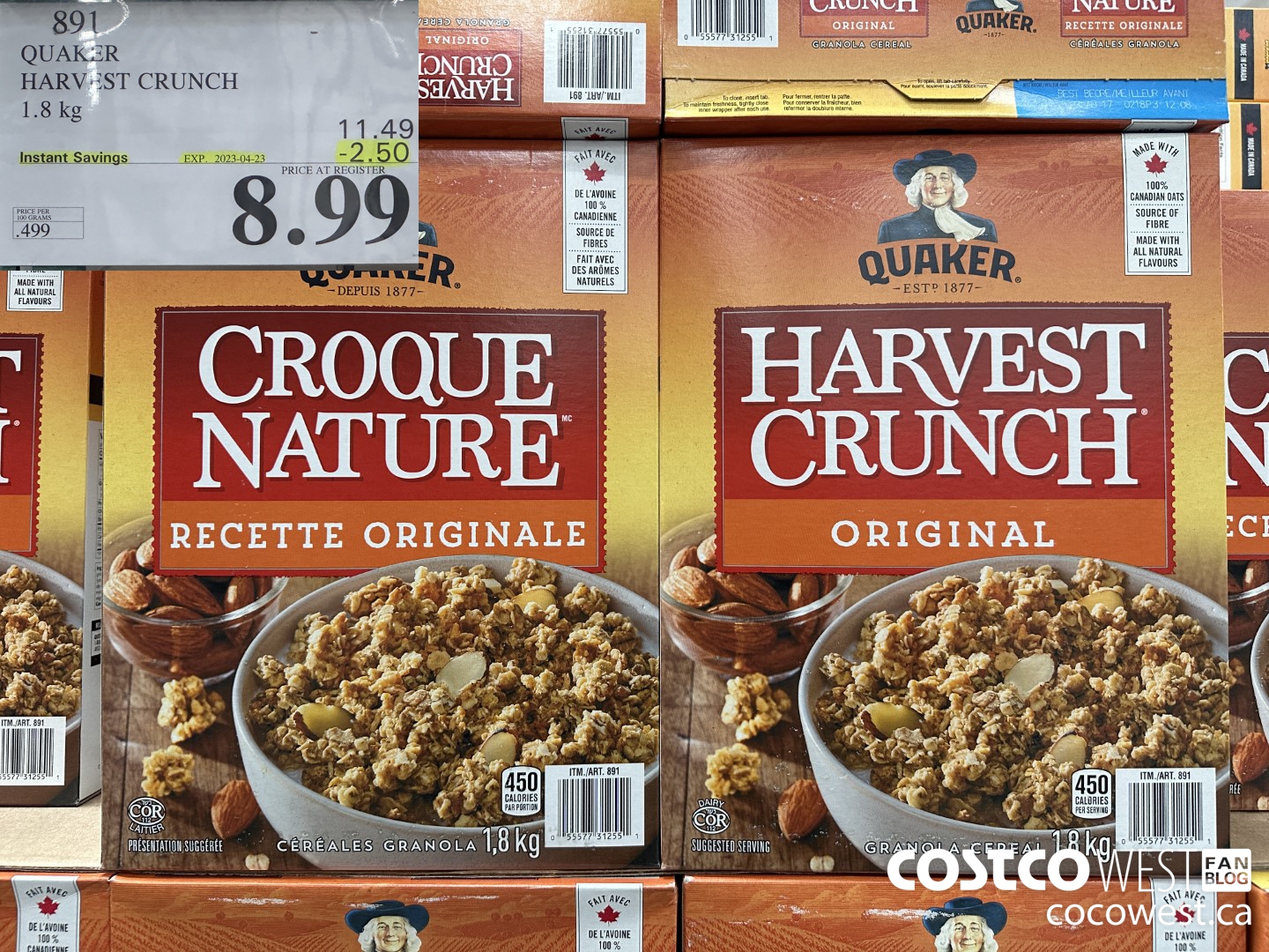 891 QUAKER HARVEST CRUNCH 1.8 KG ($2.50 INSTANT SAVINGS EXPIRES ON 2023-04-23) $8.99