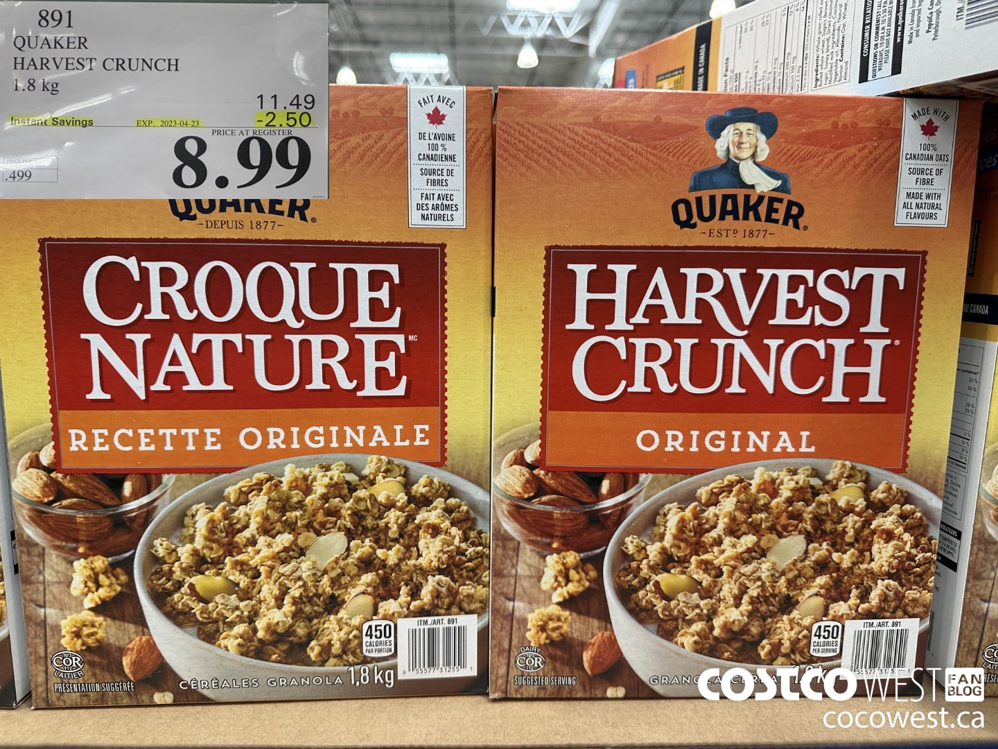 891 QUAKER HARVEST CRUNCH 1.8 KG ($2.50 INSTANT SAVINGS EXPIRES ON 2023-04-23) $8.99