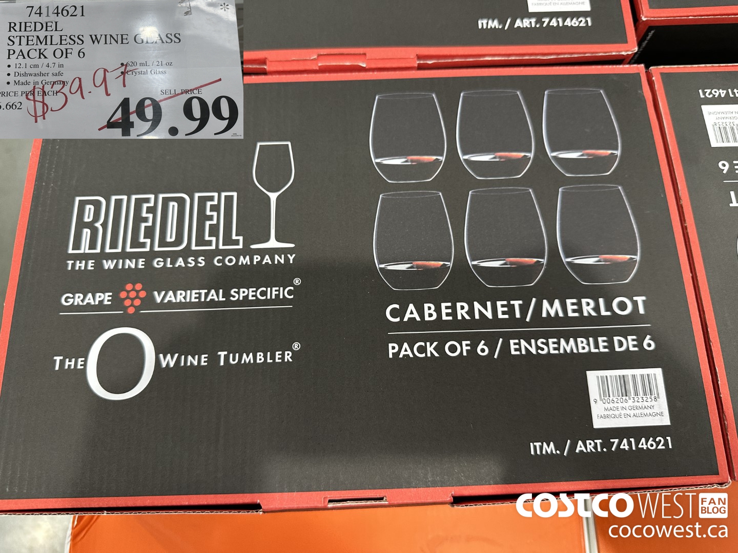 7414621 RIEDEL STEMLESS WINE GLASS PACK OF 6 $39.97