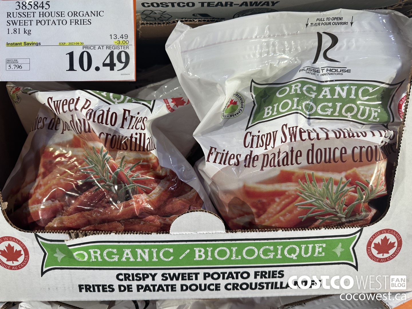 385845 RUSSET HOUSE ORGANIC SWEET POTATO FRIES 1.81 kg ($3.00 INSTANT SAVINGS EXPIRES ON 2023-04-30) $10.49