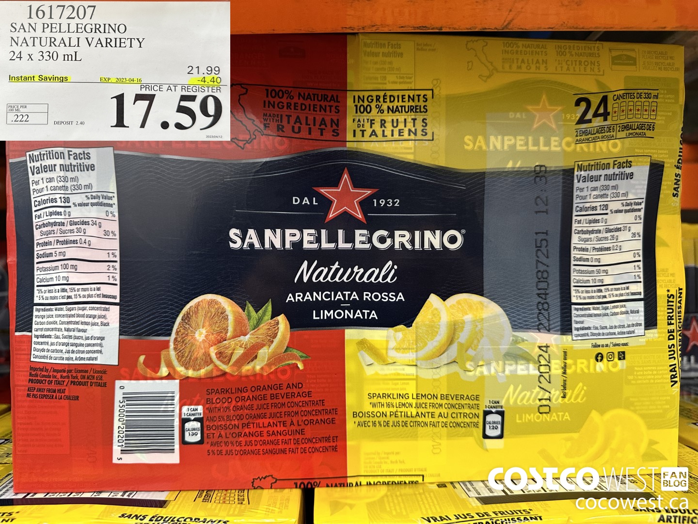 1617207 SAN PELLEGRINO NATURALI VARIETY 24 x 330 mL ($4.40 INSTANT SAVINGS EXPIRES ON 2023-04-16) $17.59
