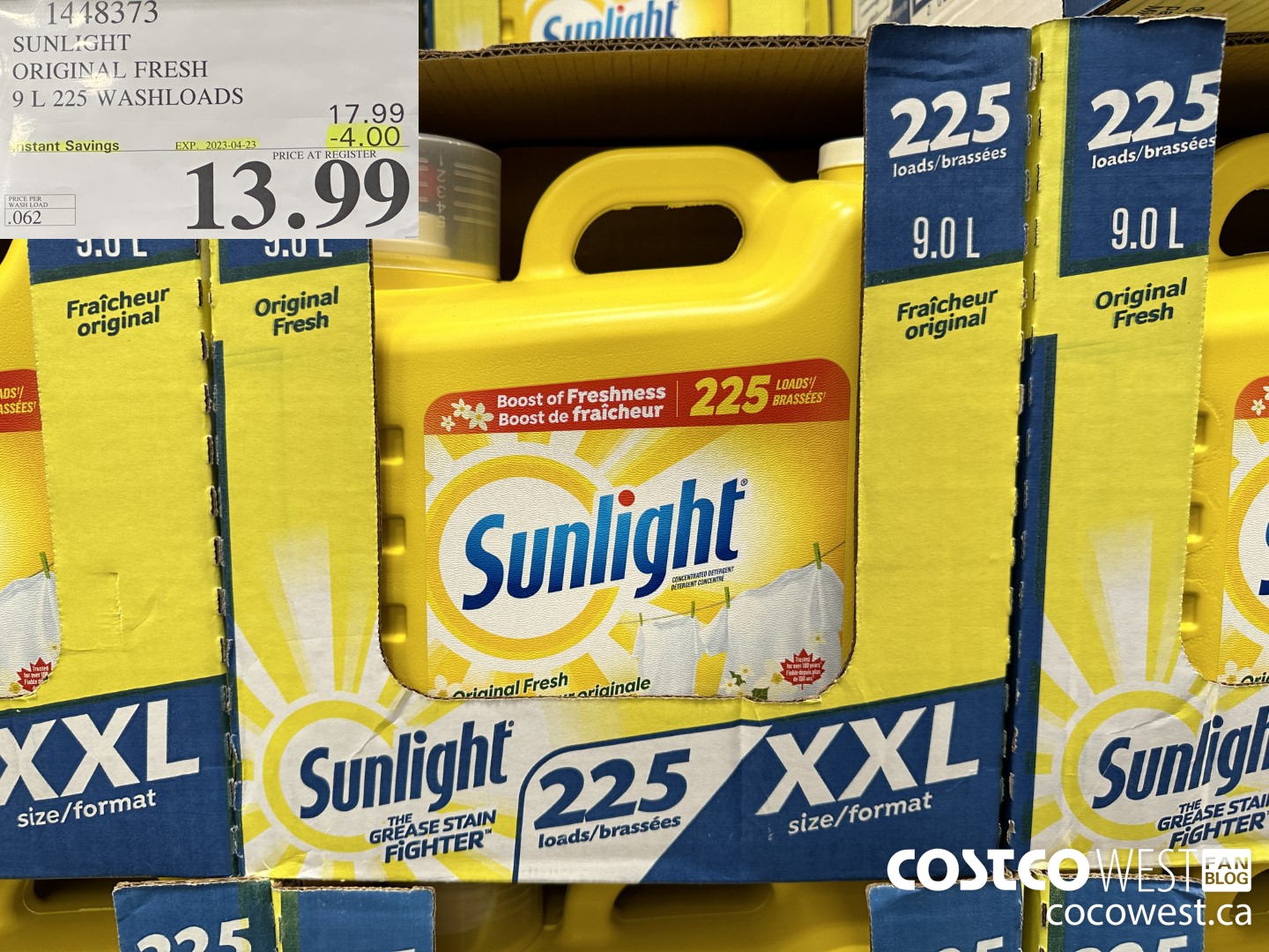 1448373 SUNLIGHT ORIGINAL FRESH 9 L 225 WASHLOADS ($4.00 INSTANT SAVINGS EXPIRES ON 2023-04-23) $13.99
